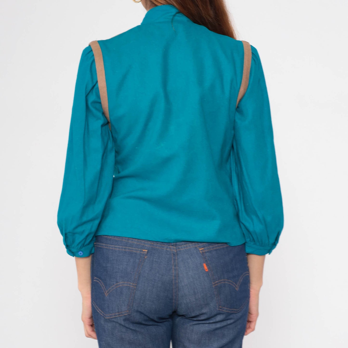 80s Teal Silk Noil Jacket Puff Sleeve Mandarin Collar Open Front Small