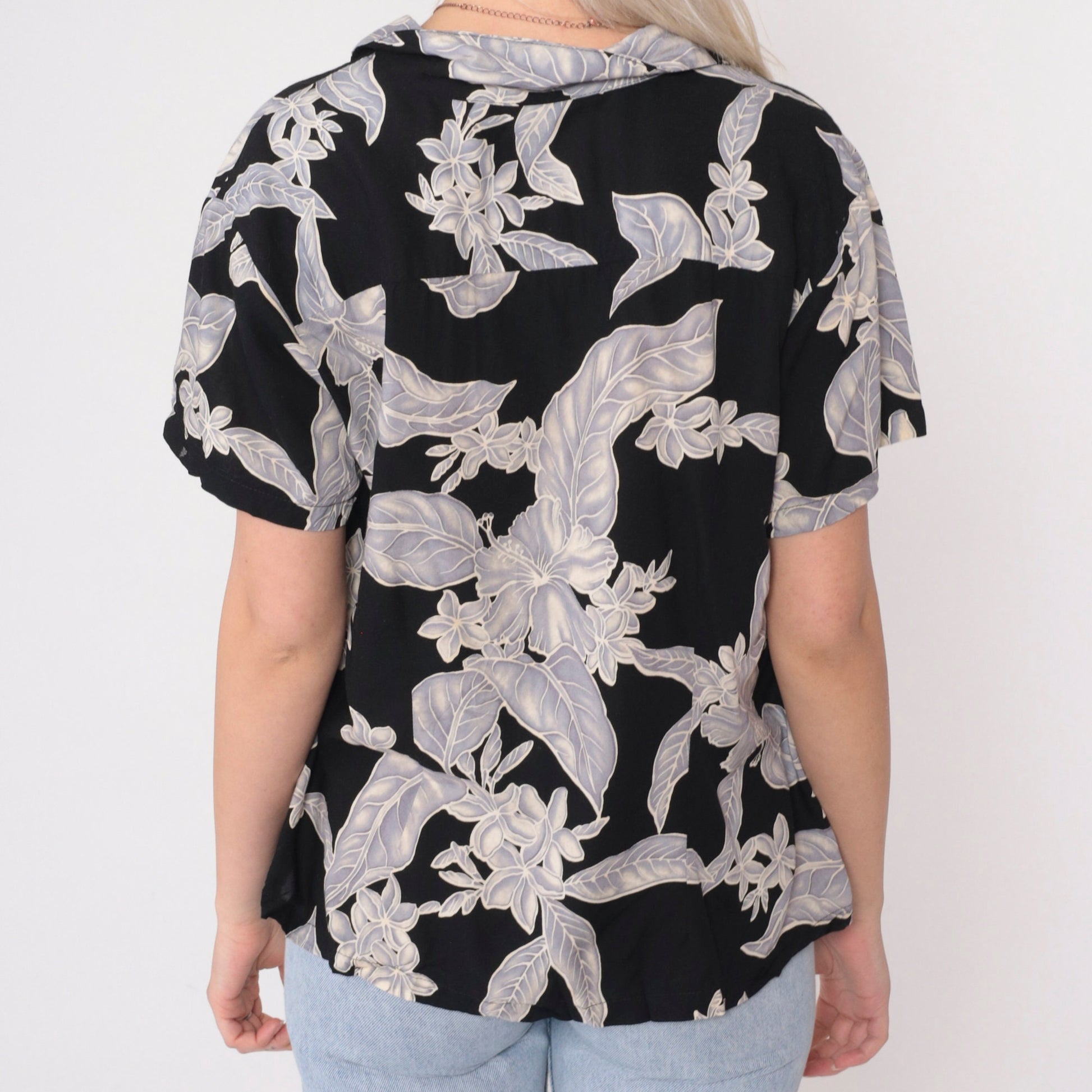 90s Nani Hawaii Tropical Floral Button Up Blouse Black Viscose Large