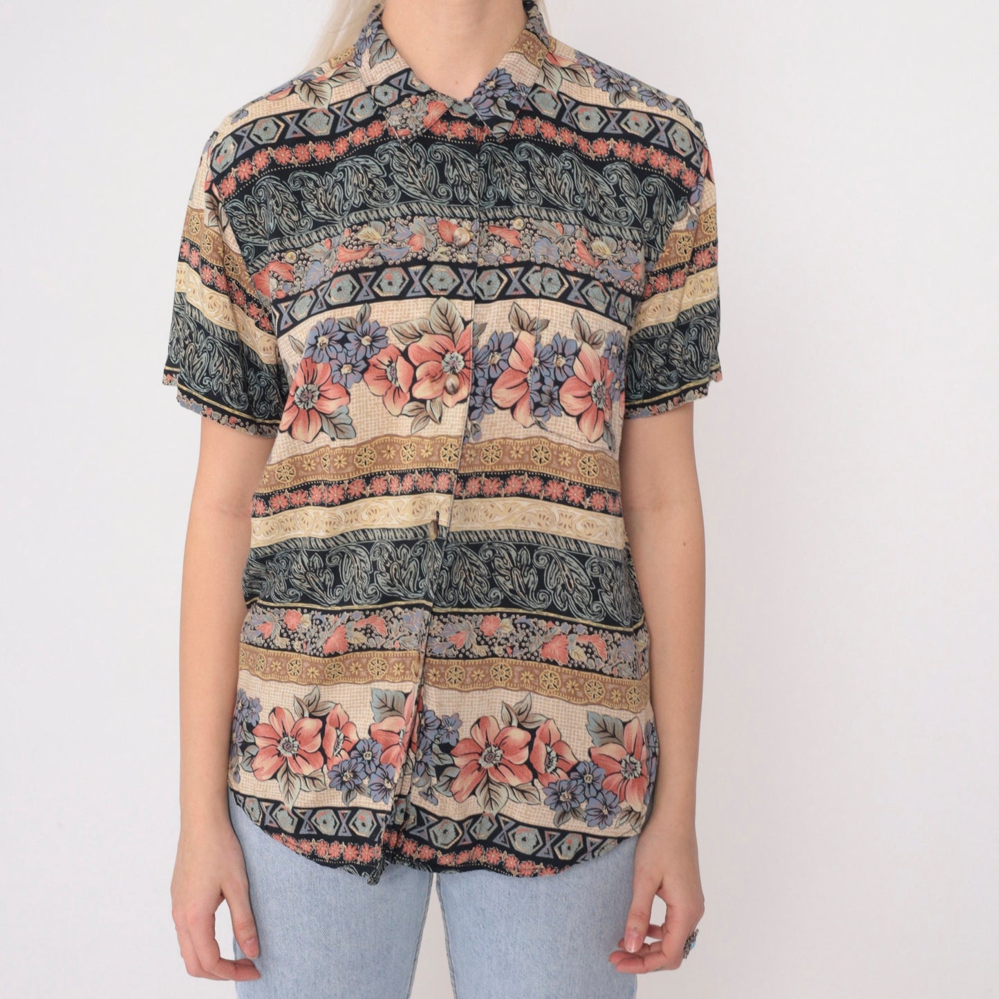 90s O.P.S New York Striped Floral Button-Up Blouse Navy Pink Cream Medium