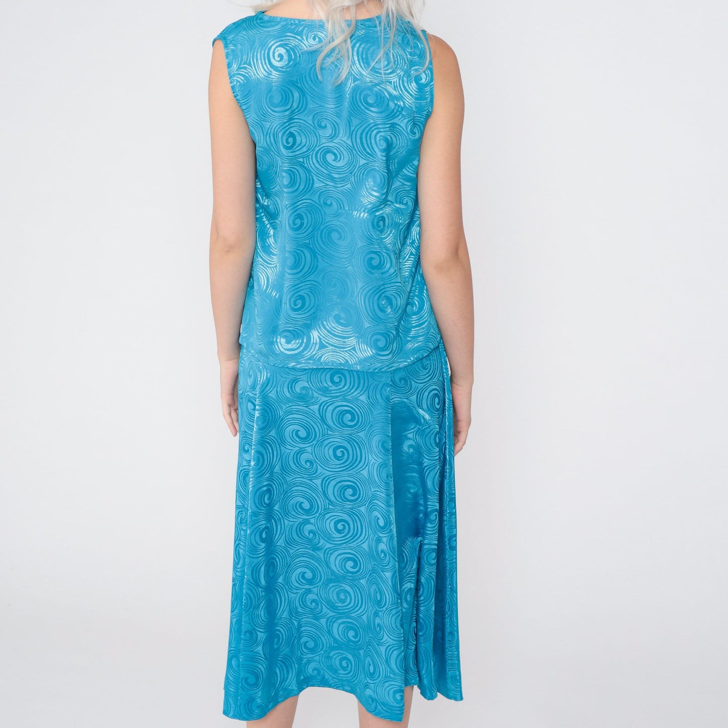 80s Oui Petites Two Piece Set Blue Swirl Cowl Neck Tank Midi Skirt XS