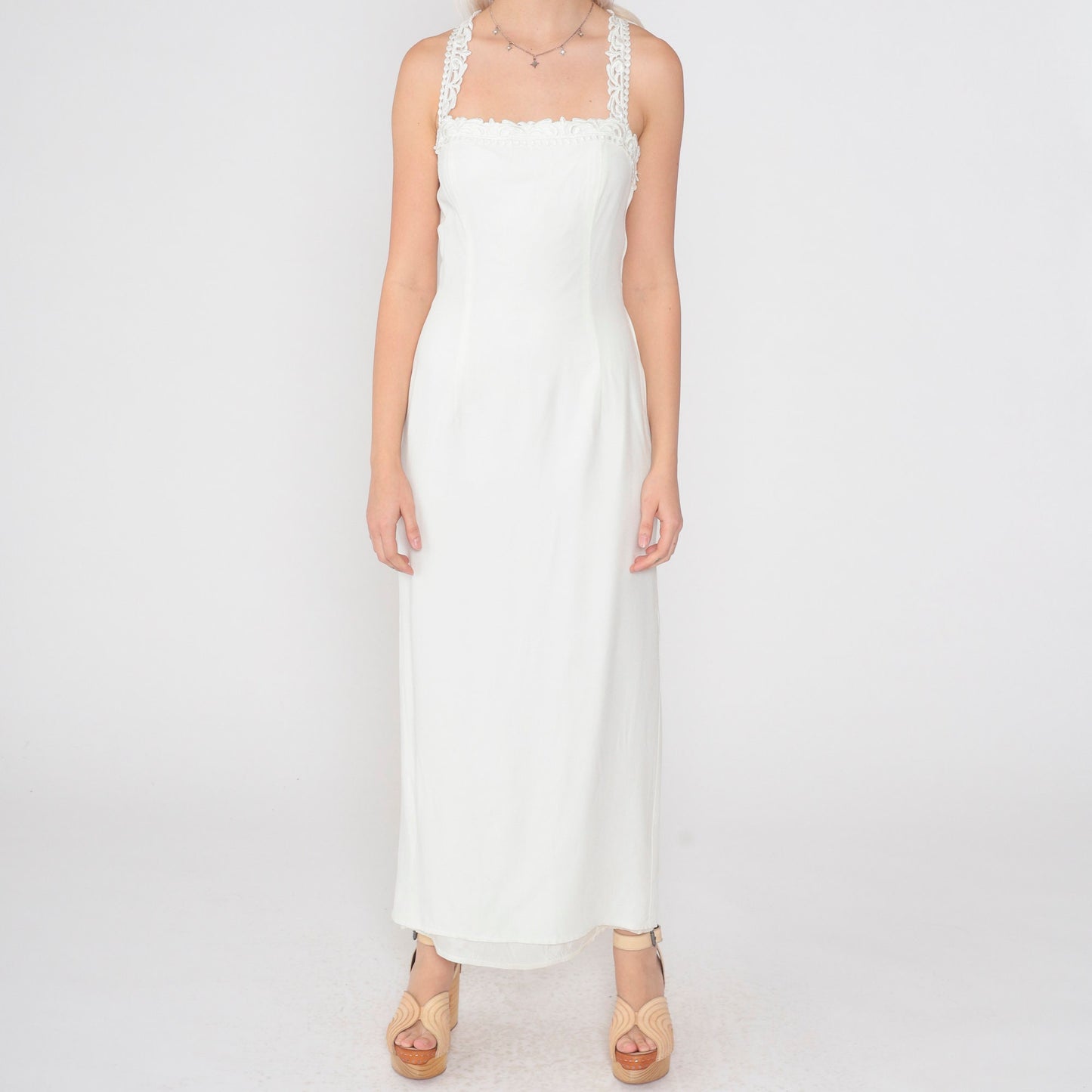 80s Scott McClintock White Maxi Dress Floral Lace Open Back Peplum Small