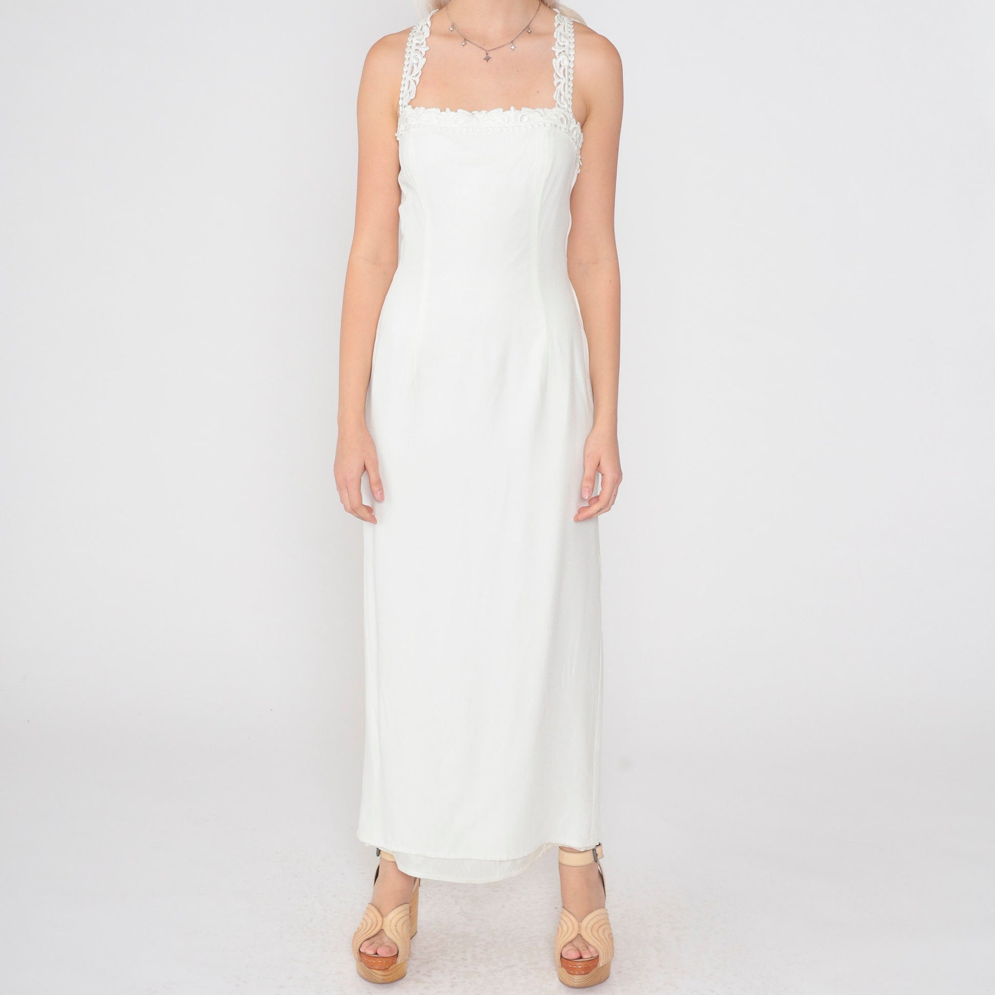 80s Scott McClintock White Maxi Dress Floral Lace Open Back Peplum Small