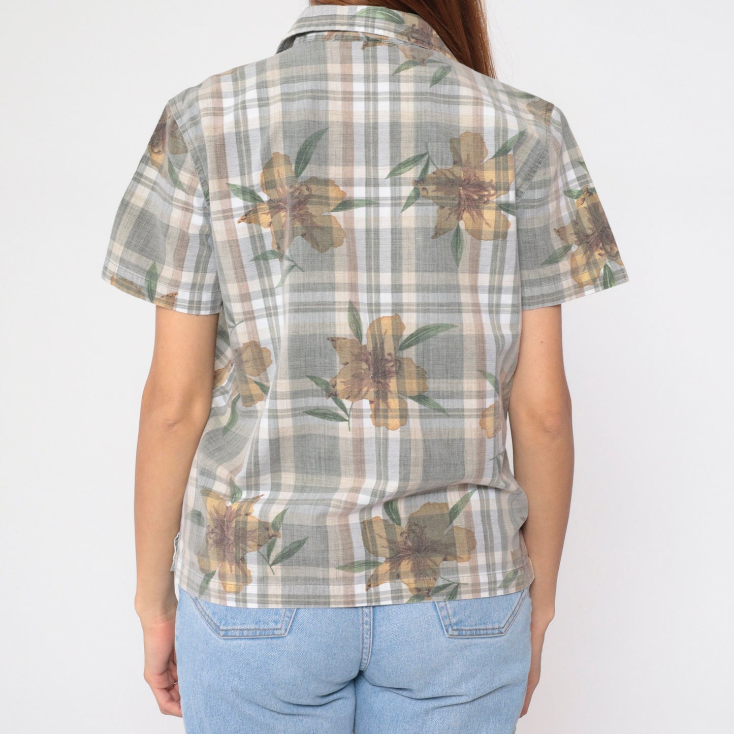 Y2K Plaid Floral Embroidered Button-Up Blouse Cotton Short Sleeve Medium M