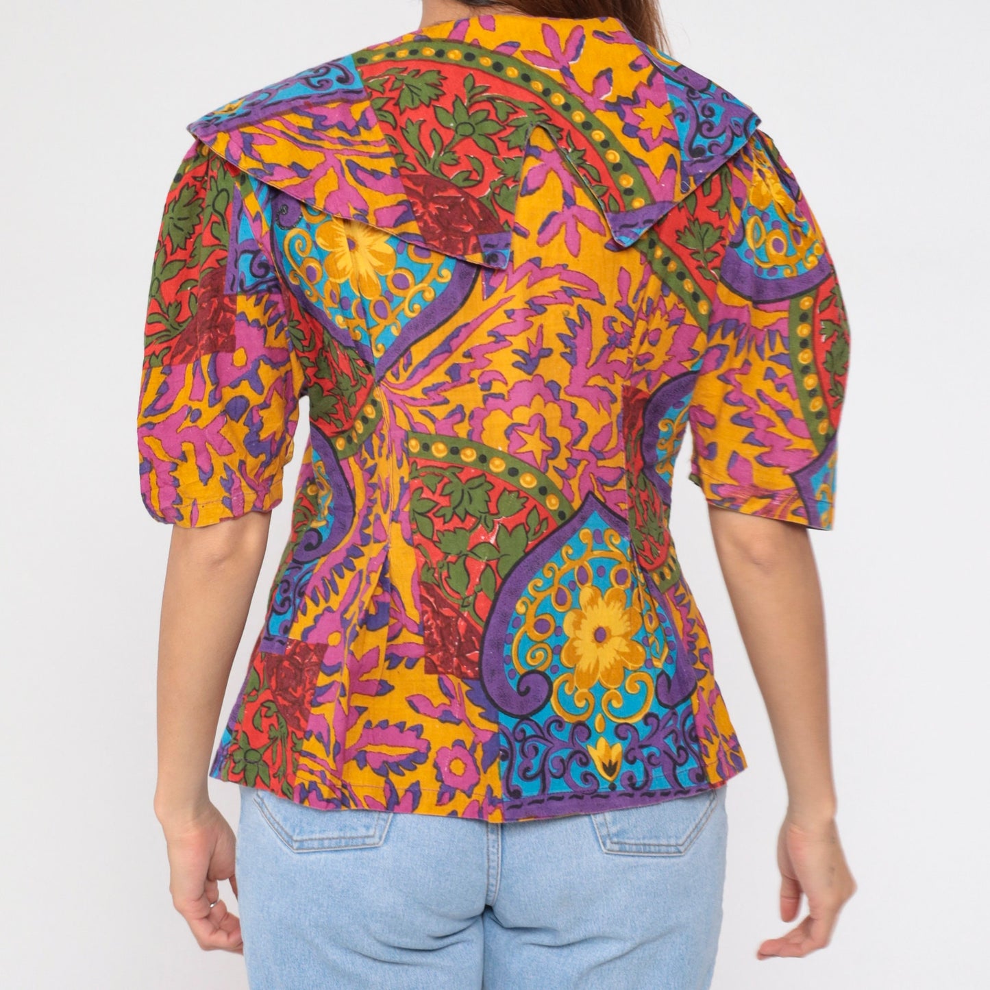 90s Mahudi Floral Cotton Blouse Puff Sleeve Pilgrim Collar Large L