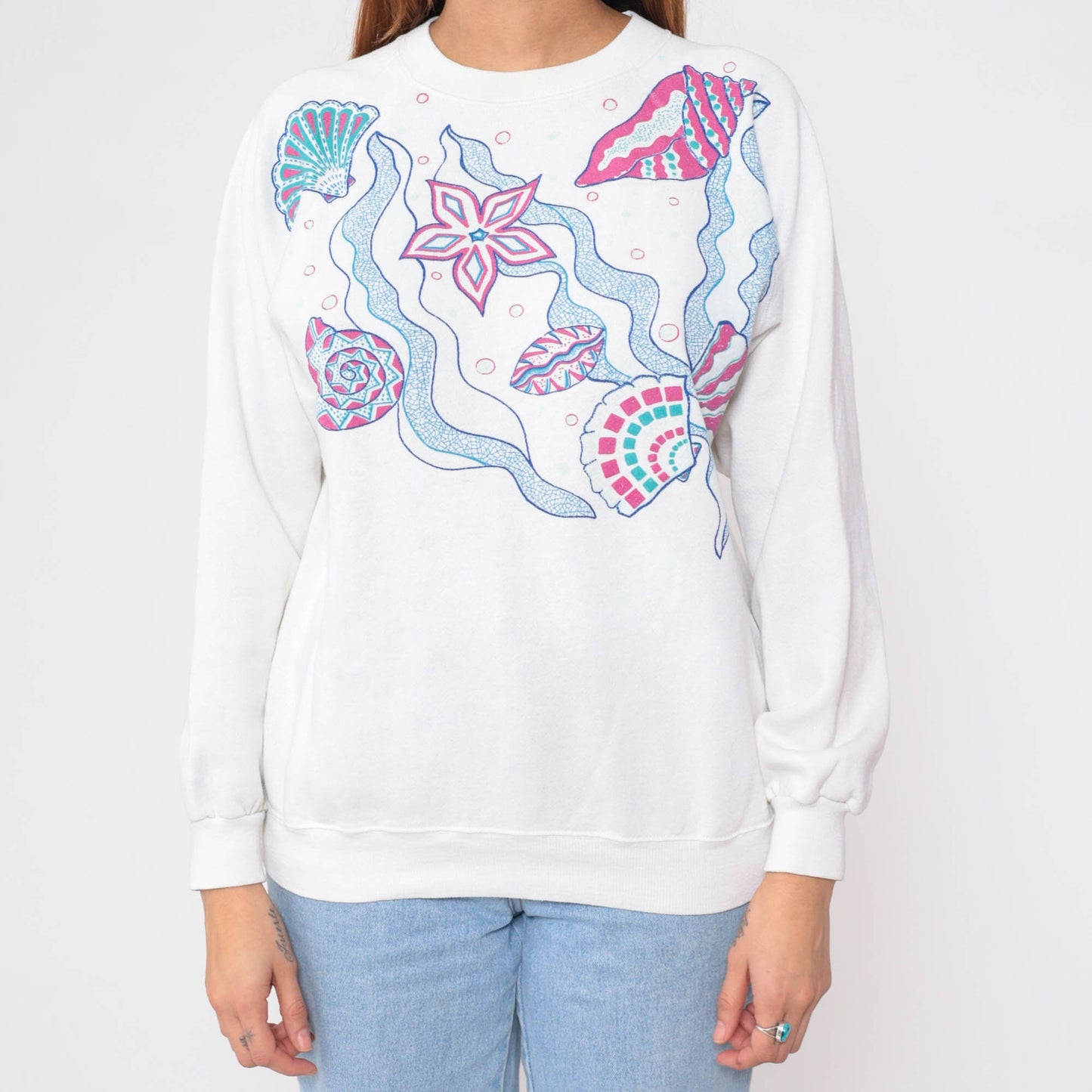 90s Seashell Starfish Sweatshirt White Ocean Graphic Raglan Crewneck Medium