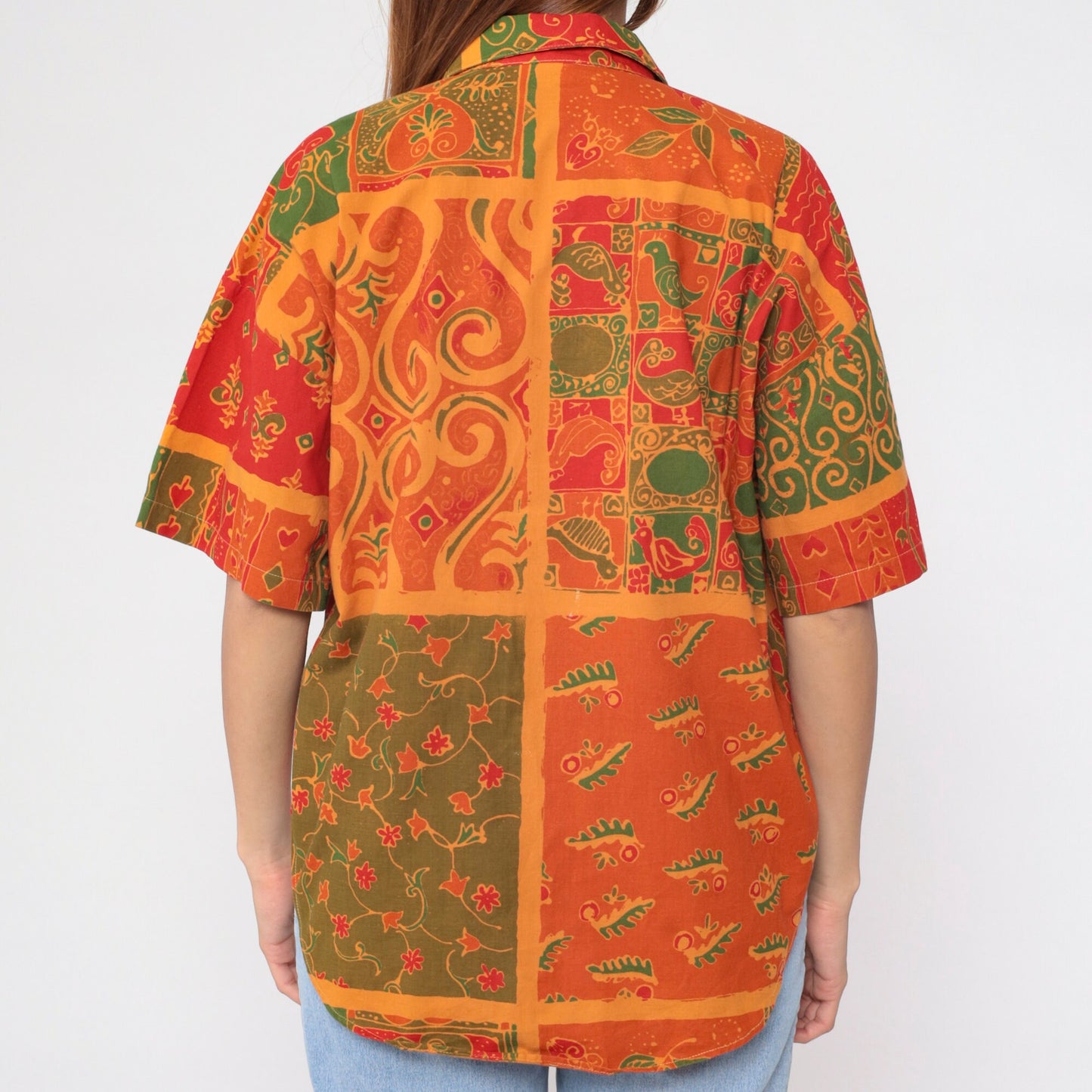 90s Indian Floral Button-Up Shirt Cotton Short Sleeve Collared Top Large