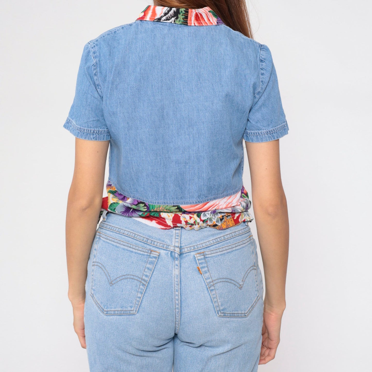 90s Blue Denim Crop Top Tropical Mountain Floral Print Button-Up Medium