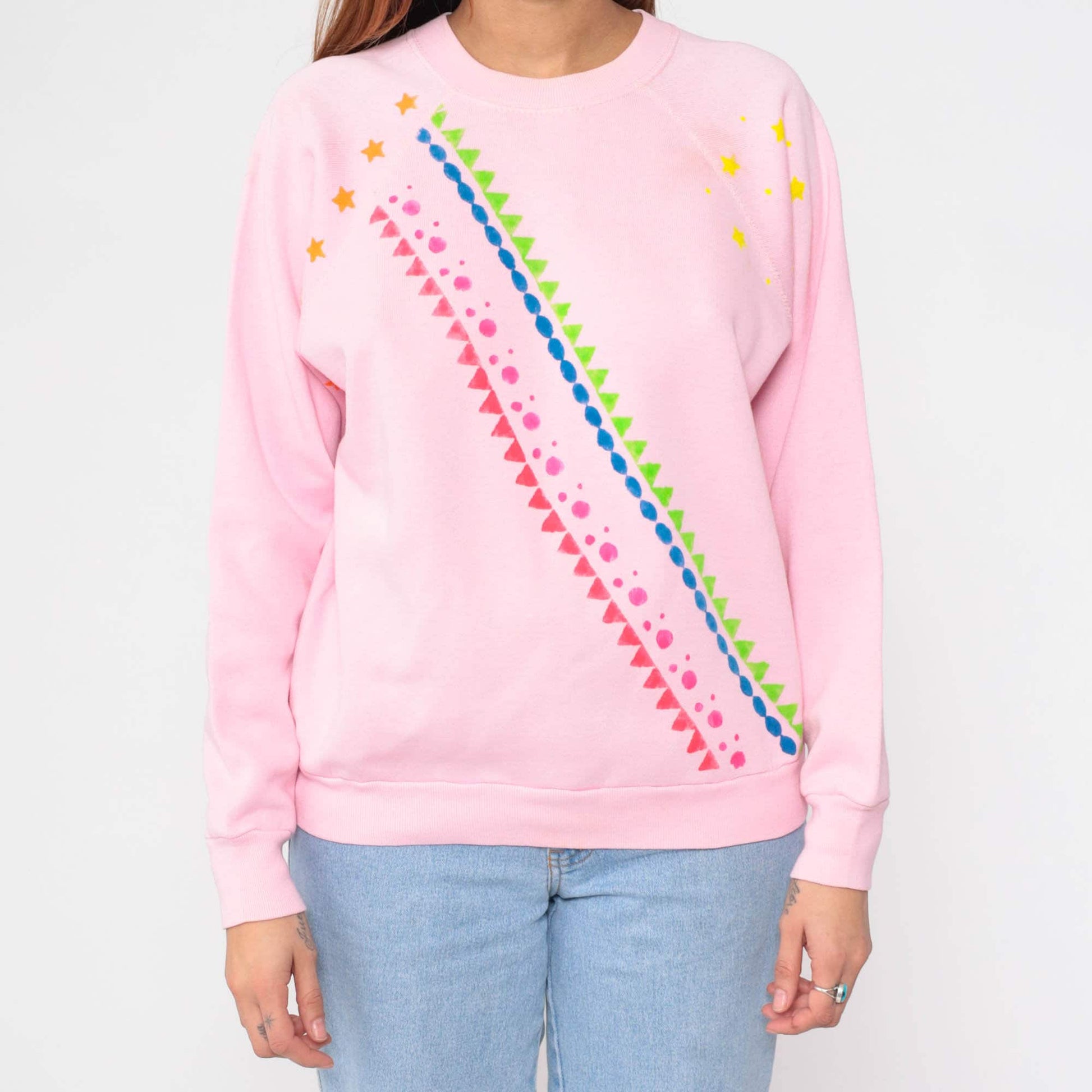80s Tultex Geometric Star Sweatshirt Baby Pink Painted Crewneck Large L