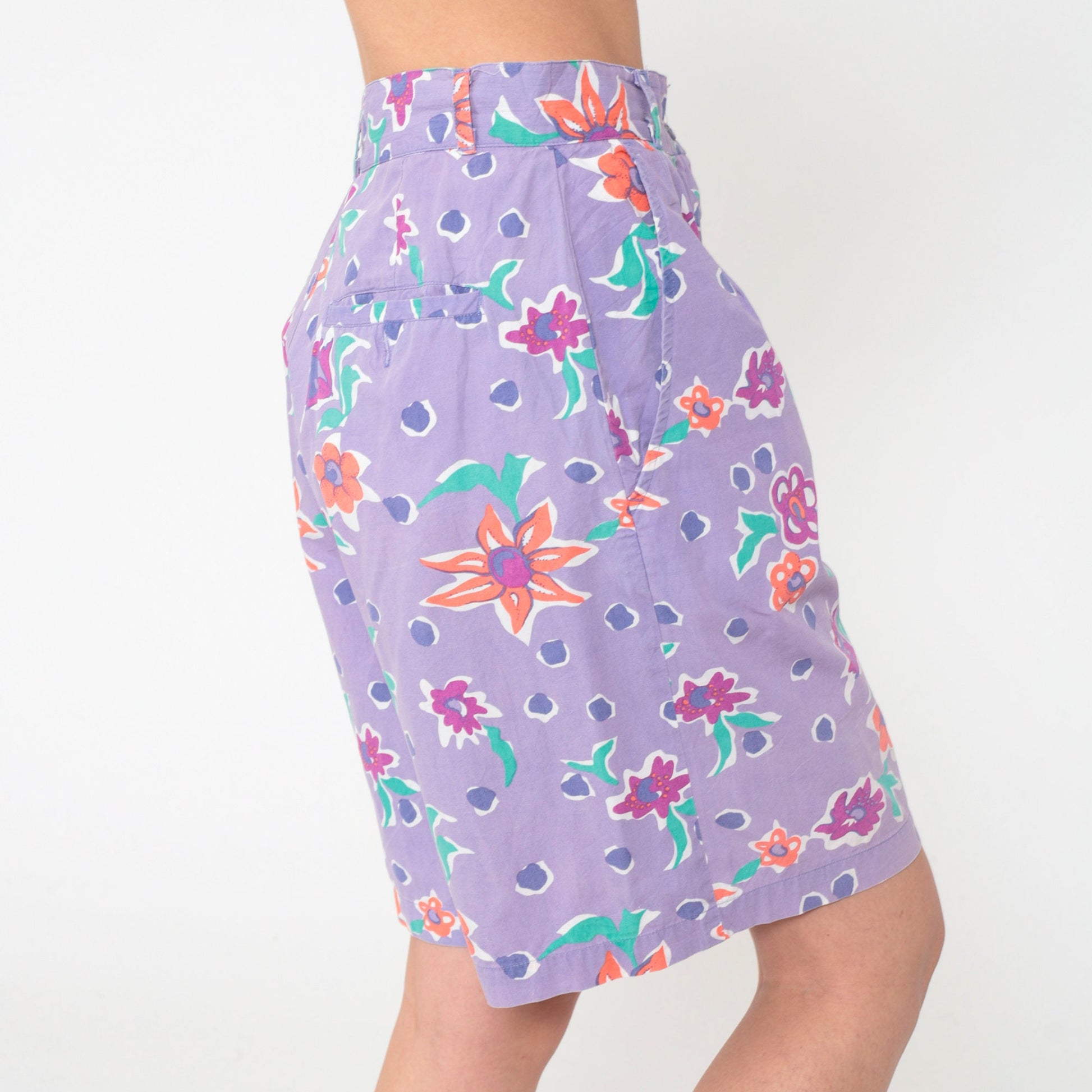 90s Lavender Polka Dot Floral Shorts High Waist Pleated Cotton Small