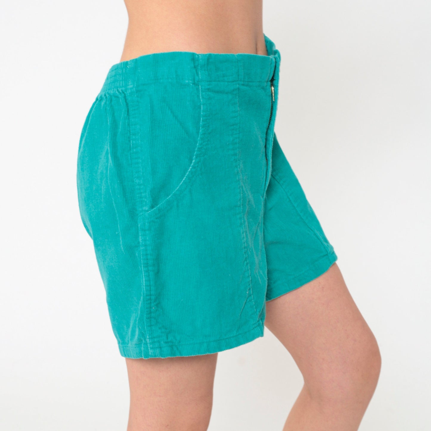 80s Green Corduroy Shorts High Waist Patch Pockets Elastic Back Medium