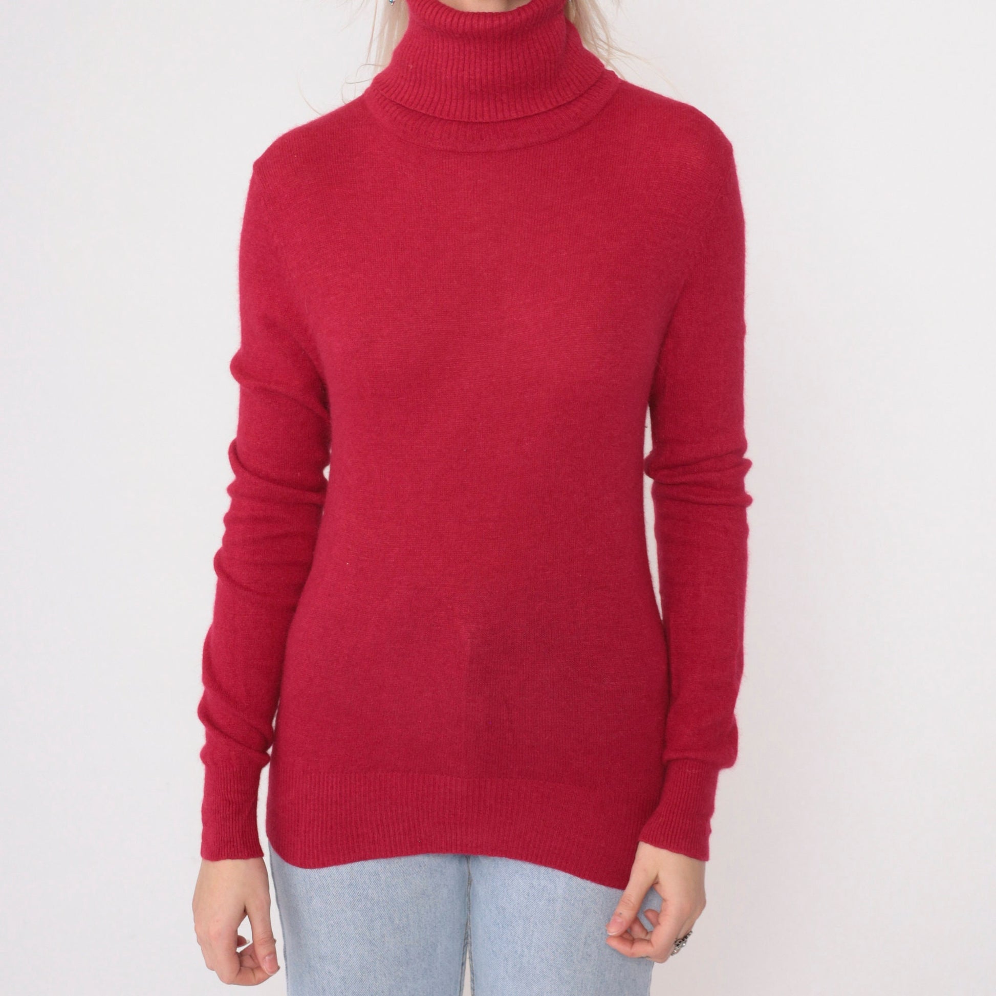 90s Vogue Angora Wool Turtleneck Sweater Cherry Red Knit Pullover Extra Small