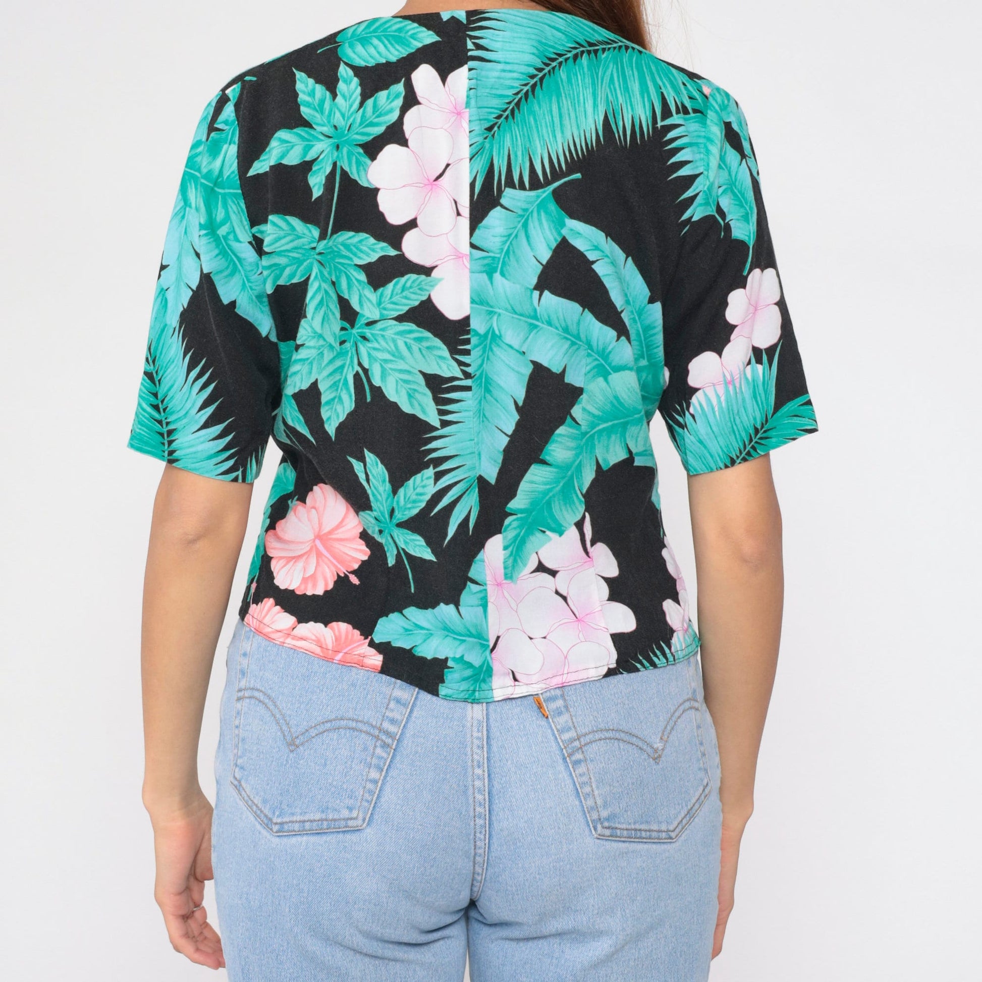 90s Black Tropical Floral Crop Top Double Breasted Blouse Medium M