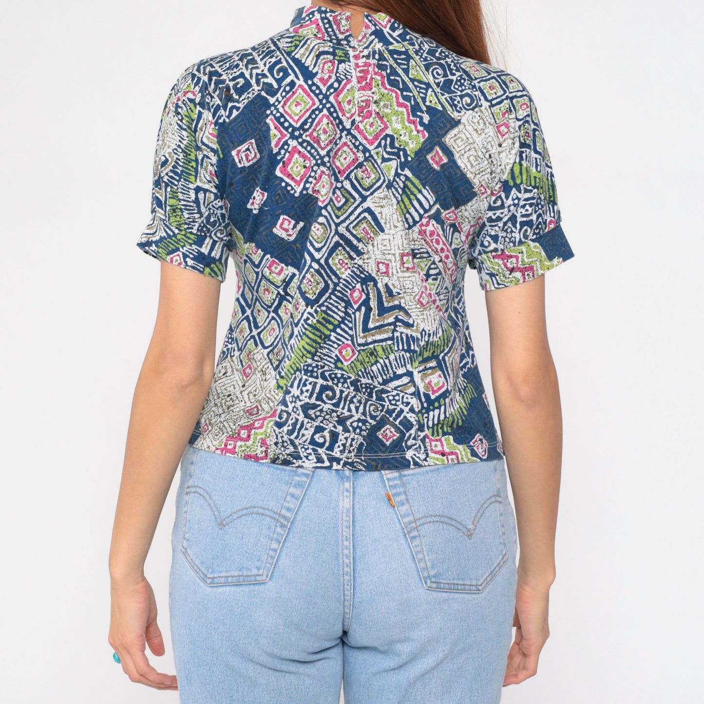 90s Batik Abstract Geometric Print Button-Up Shirt Blue Mock Neck Small
