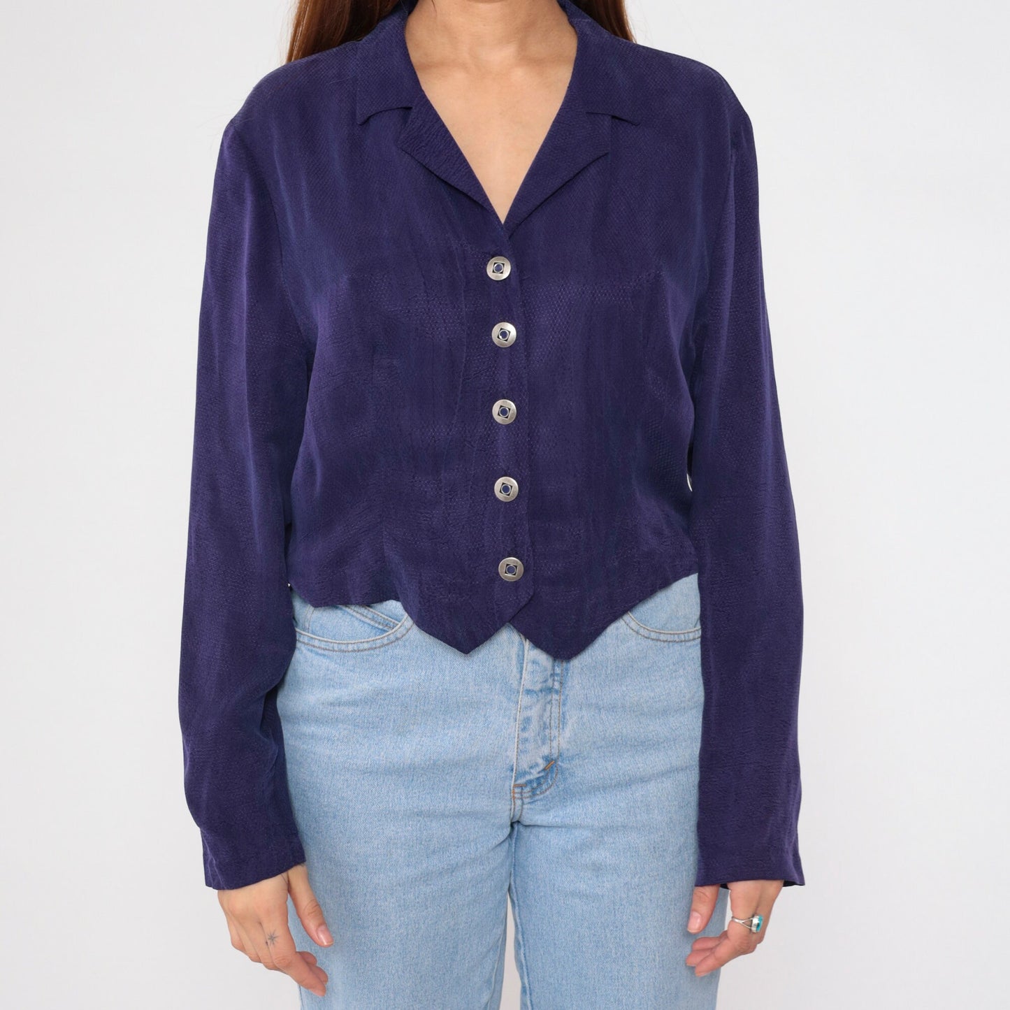 90s Purple Embossed Diamond Blouse Button Up Long Sleeve Collared Shirt Large