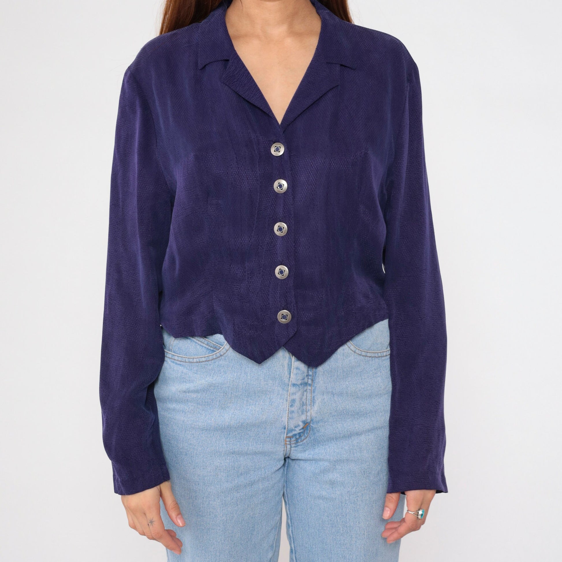 90s Purple Embossed Diamond Blouse Button Up Long Sleeve Collared Shirt Large