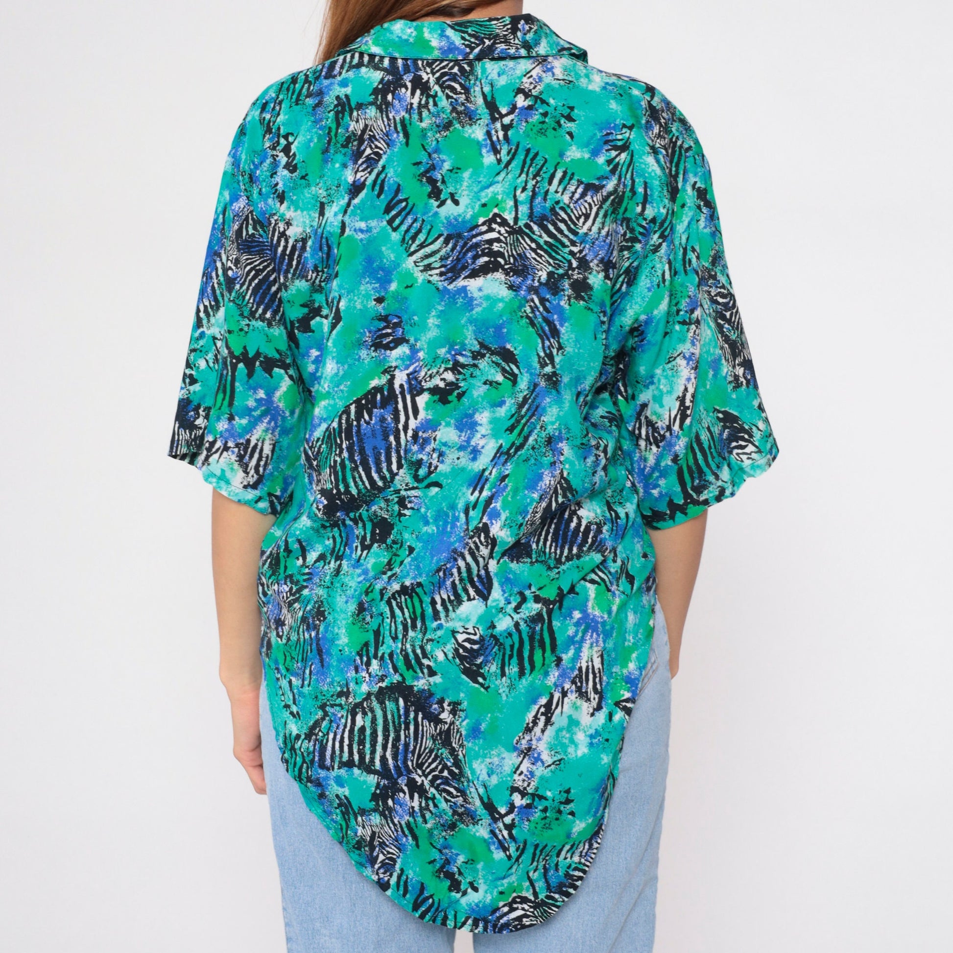 90s Abstract Zebra Print Tie-Front Blouse Blue Green Short Sleeve Medium M