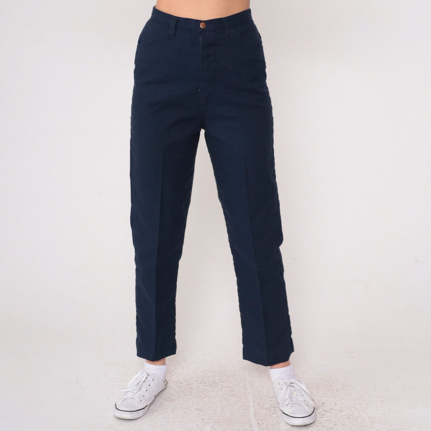 70s Navy High-Rise Straight Leg Trousers Creased Vintage Extra Small