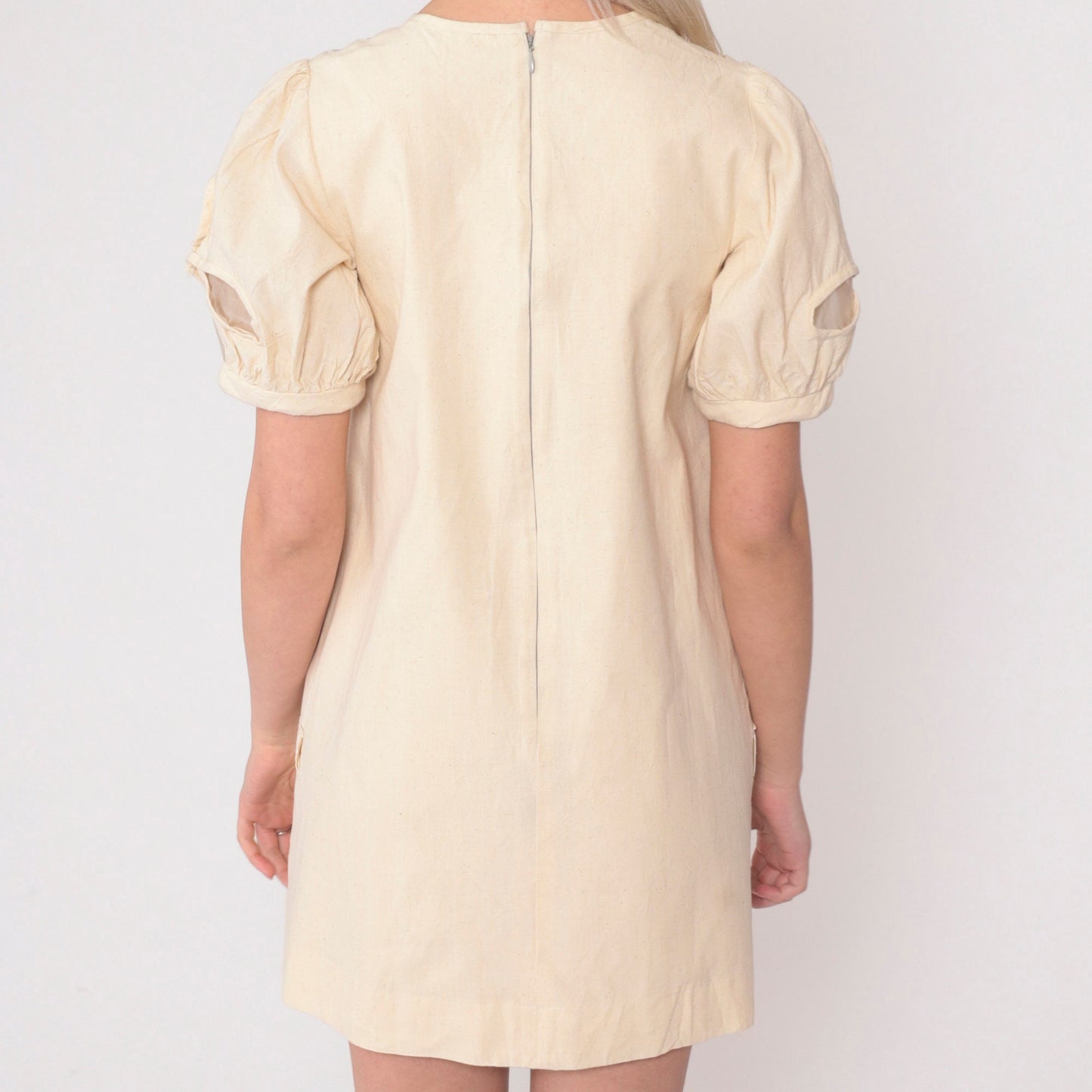00s Cream Mini Dress Mesh Puff Sleeve Cutout Illusion Neckline Small S