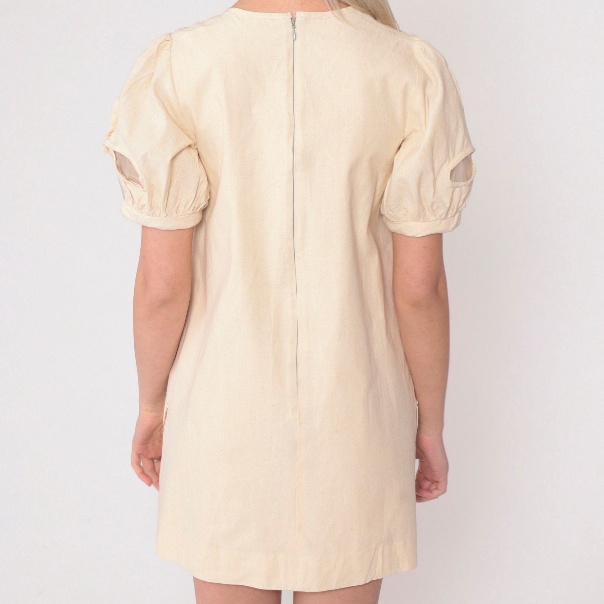 00s Cream Mini Dress Mesh Puff Sleeve Cutout Illusion Neckline Small S