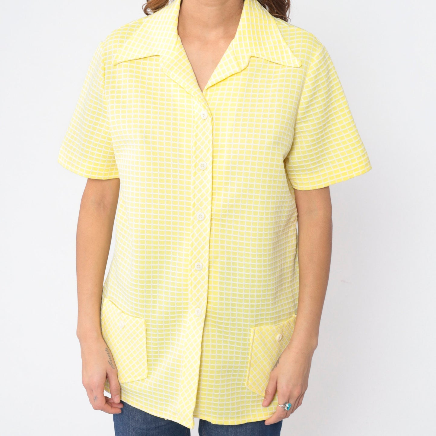 70s Yellow Checkered Button-Up Blouse Dagger Collar Short Sleeve Large L
