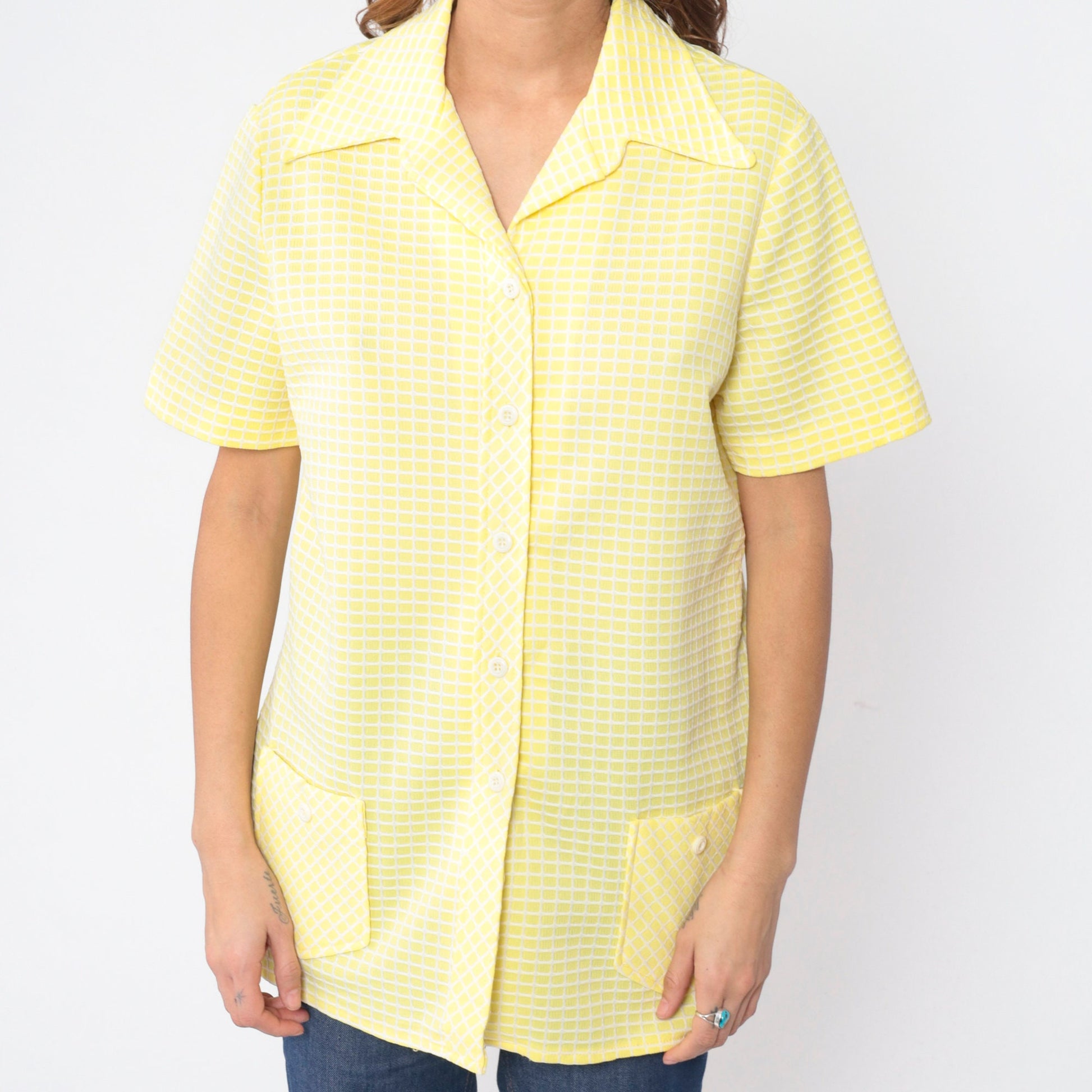 70s Yellow Checkered Button-Up Blouse Dagger Collar Short Sleeve Large L