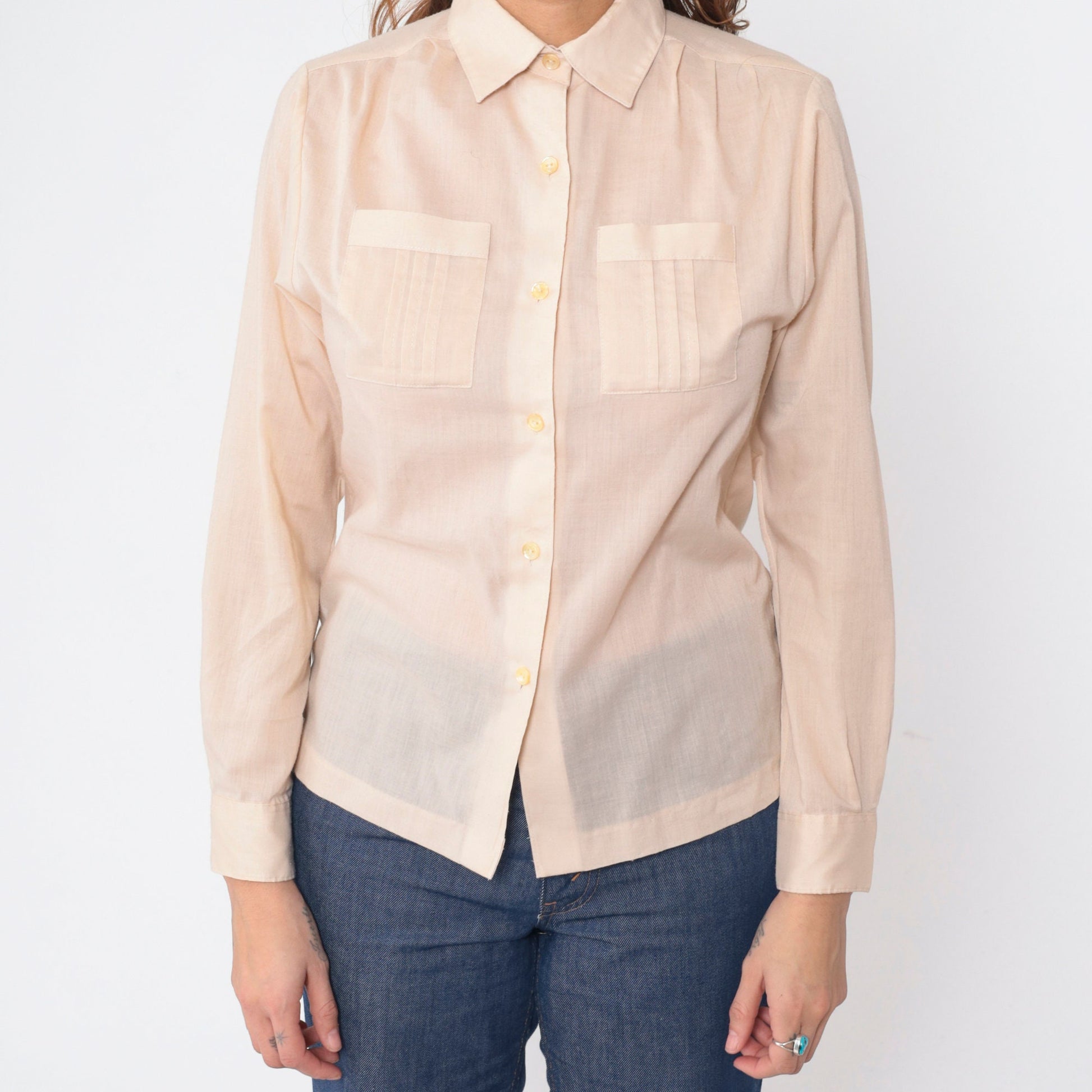 70s 80s College Town Beige Button-Up Shirt Chest Pockets Long Sleeve Small