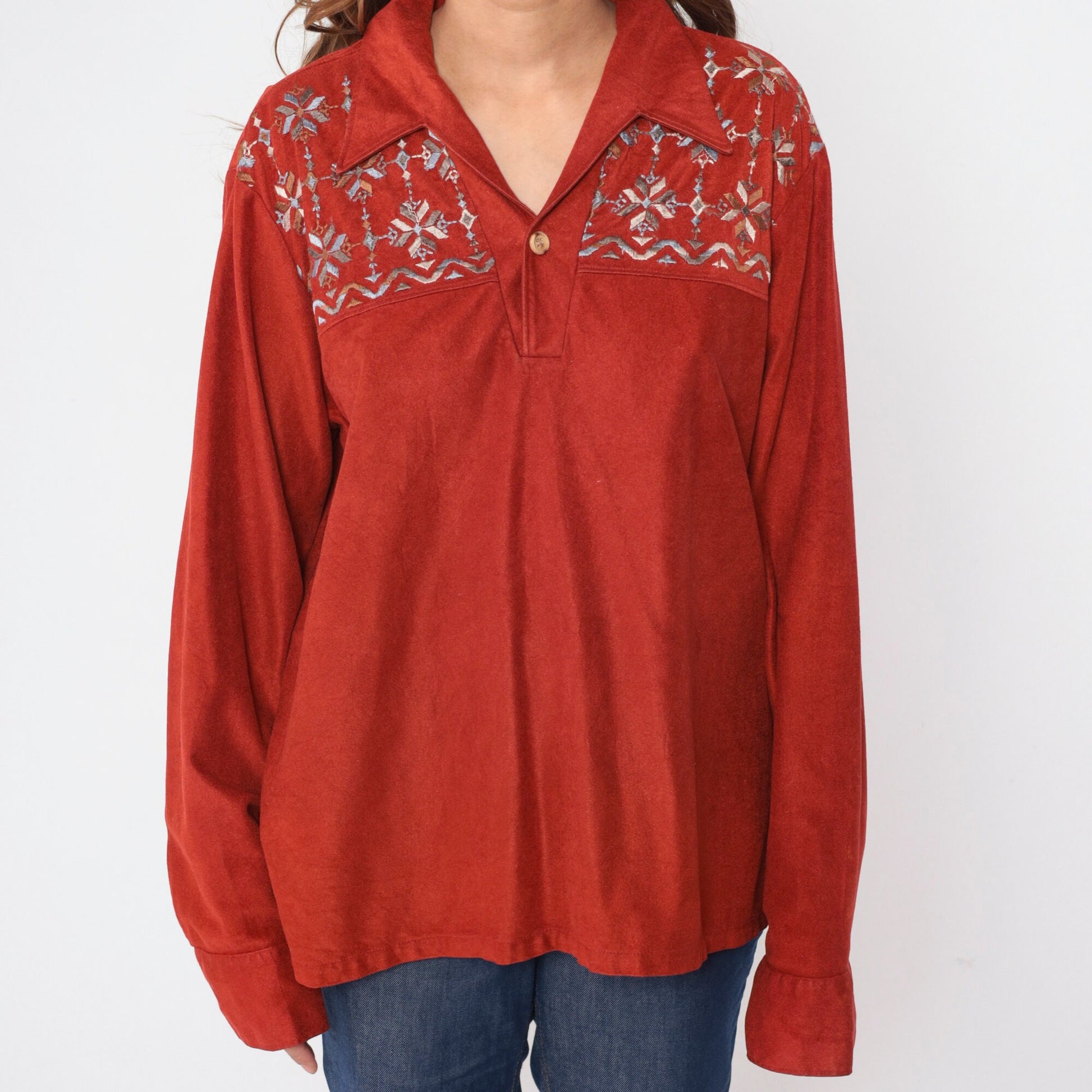 70s Spire Rust Shirt Geometric Embroidered Dagger Collar Button Up Extra Large