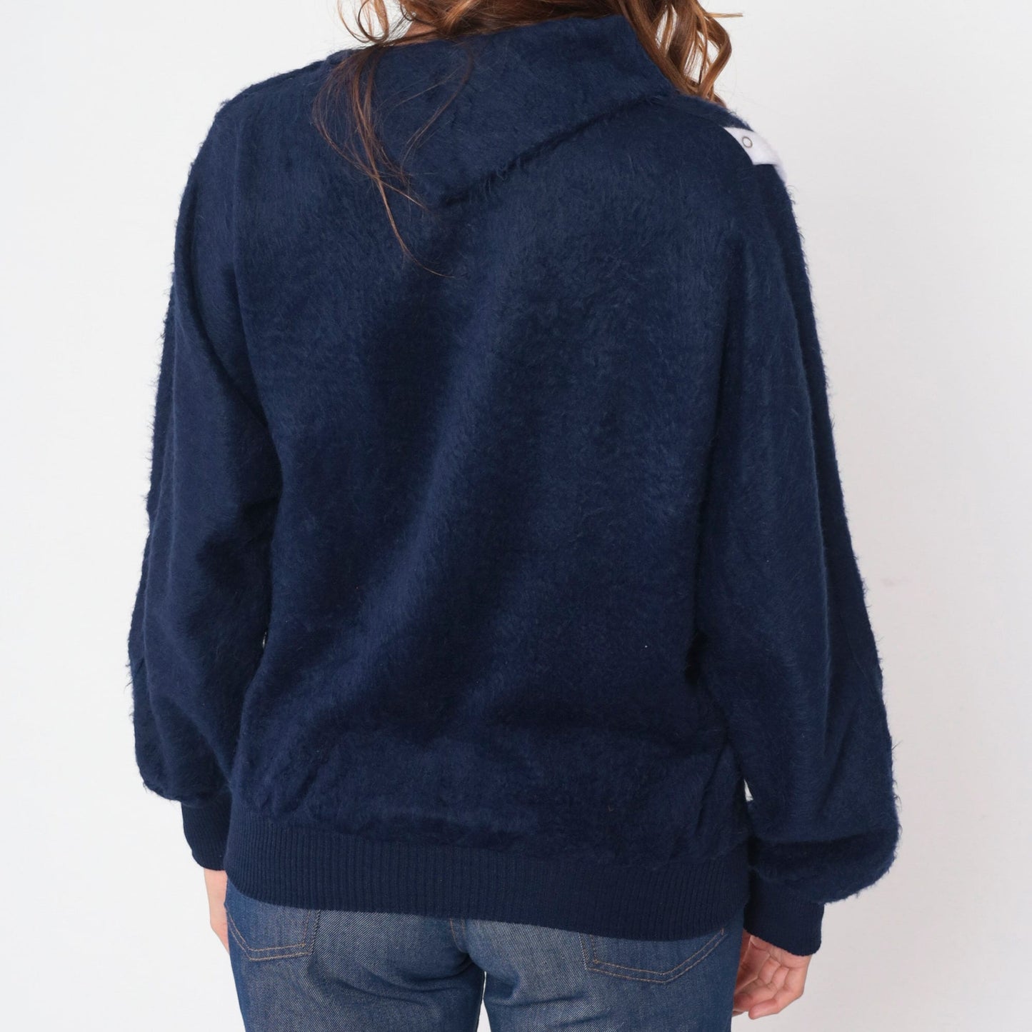 80s Navy Shaggy Fleece Sweatshirt Asymmetrical Shawl Collar Snap Pullover Small