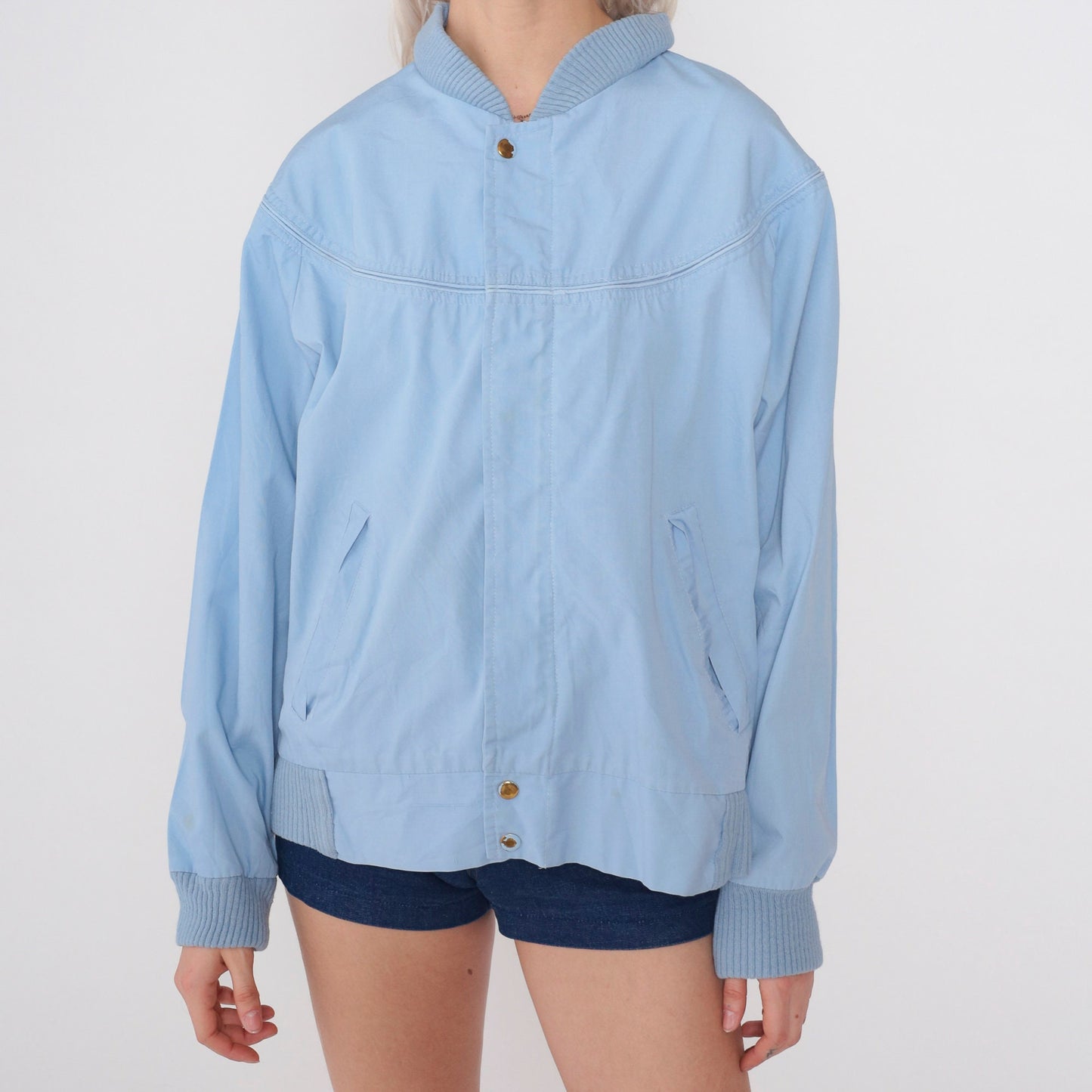 80s Baby Blue Bomber Jacket Windbreaker Zip Snap Front Medium