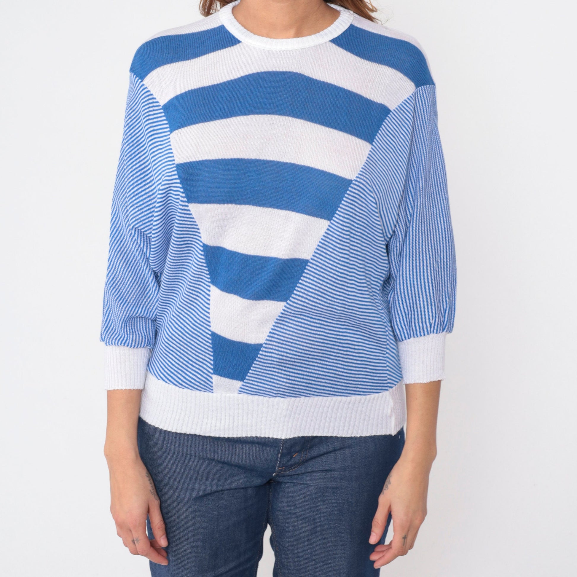 80s Blue White Striped Dolman Sweater Knit Pullover 3/4 Batwing Sleeve Medium M