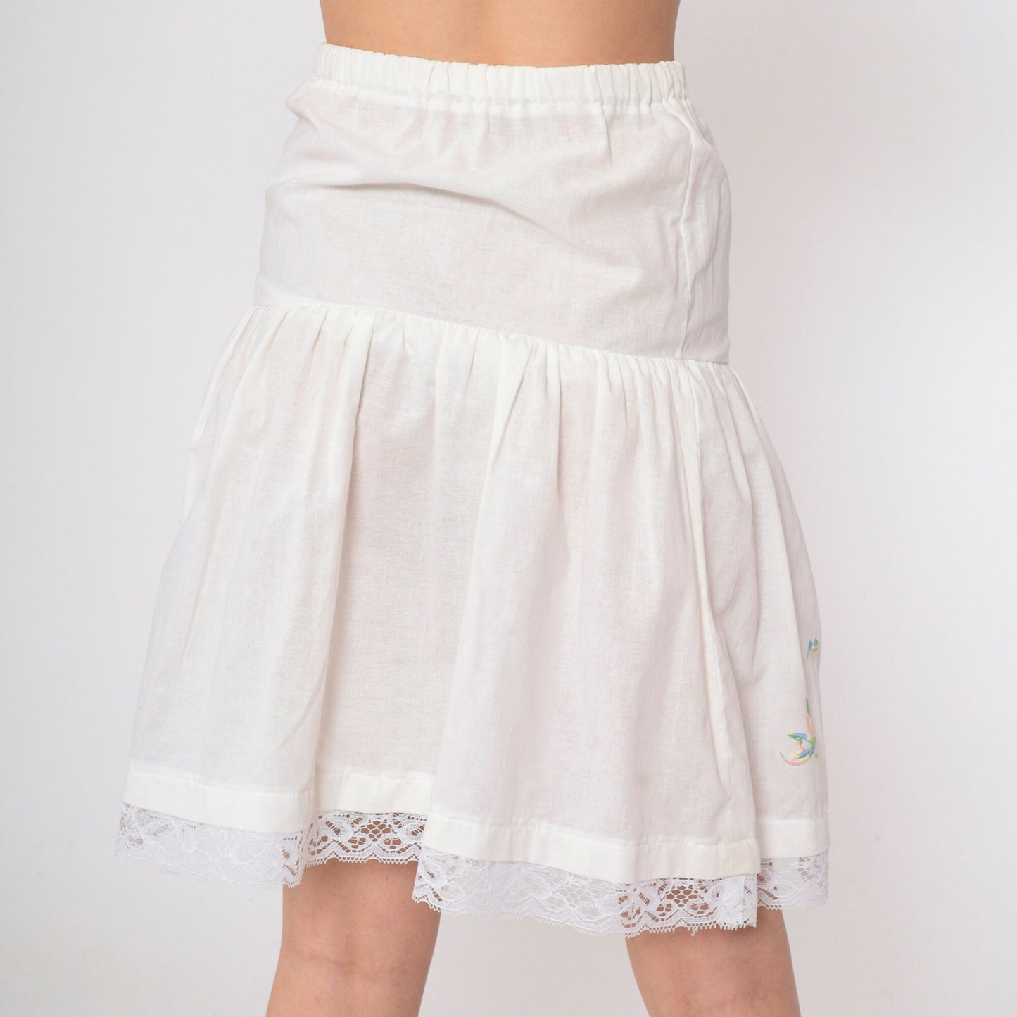 70s White Butterfly Embroidered Slip Skirt Lace Trim Extra Small