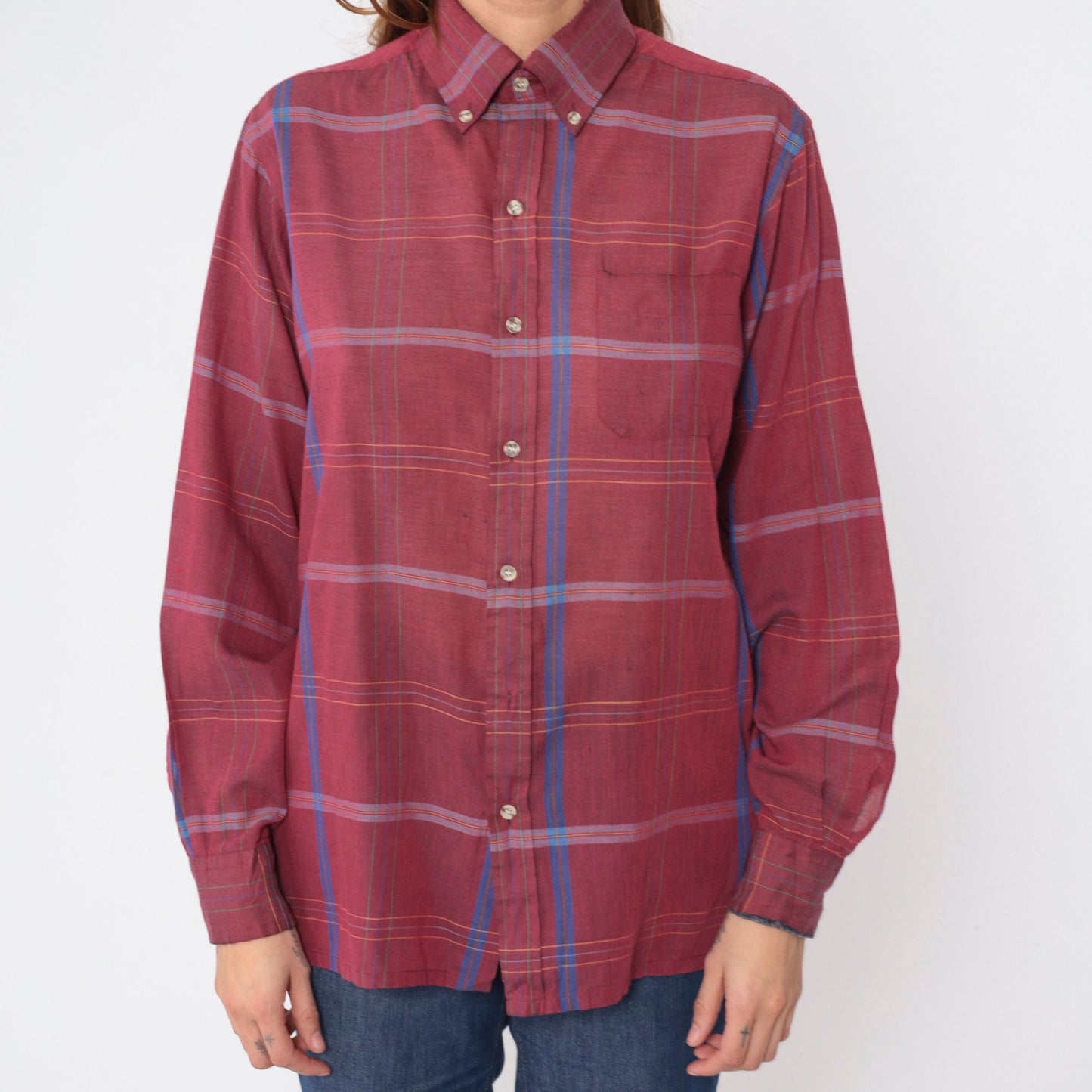 80s Arrow Burgundy Plaid Button-Up Shirt Long Sleeve Collared Medium