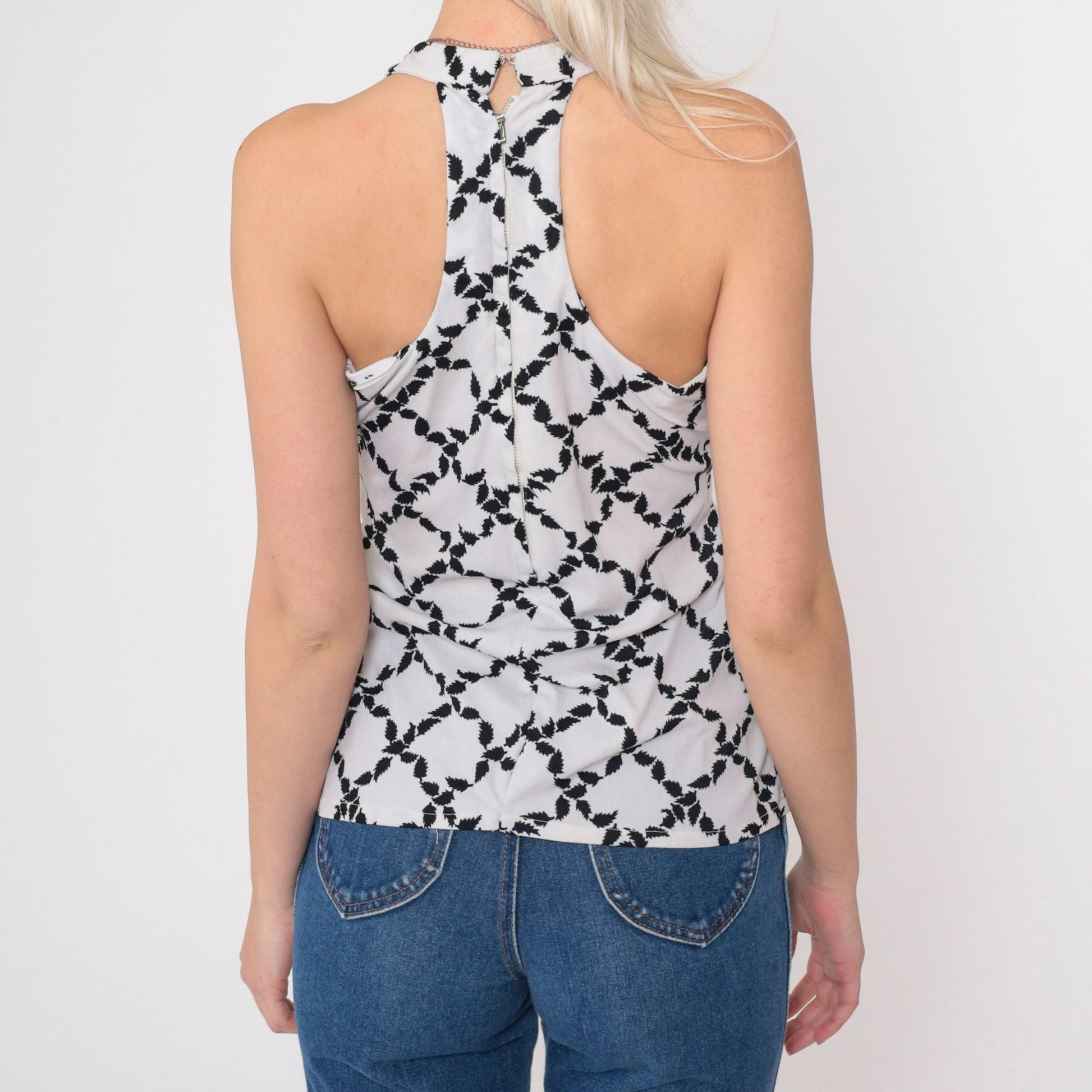 70s Halter Tank Top Black White Leaf Print Racerback Small