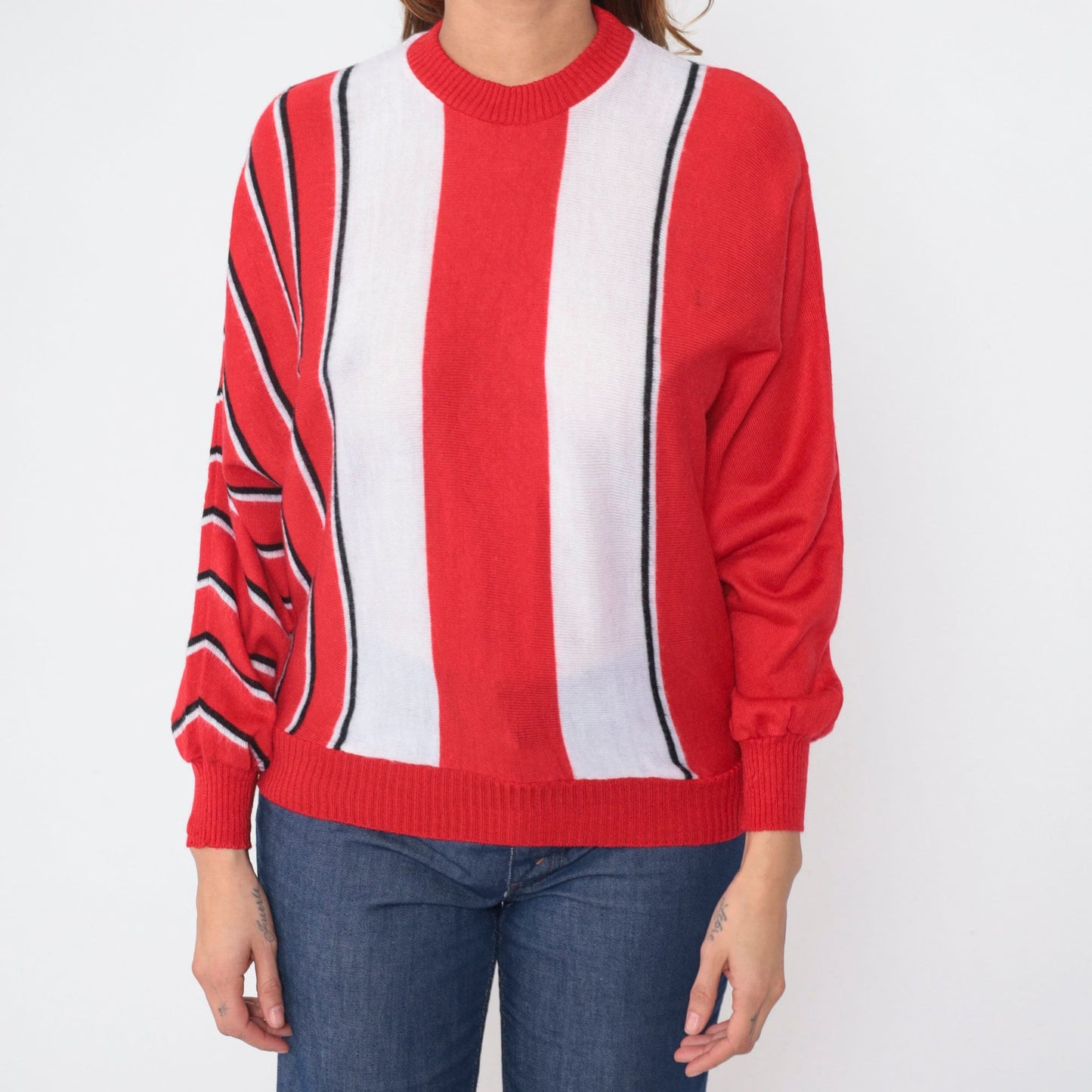 80s Striped Dolman Sleeve Knit Sweater Red White Black Crewneck Medium