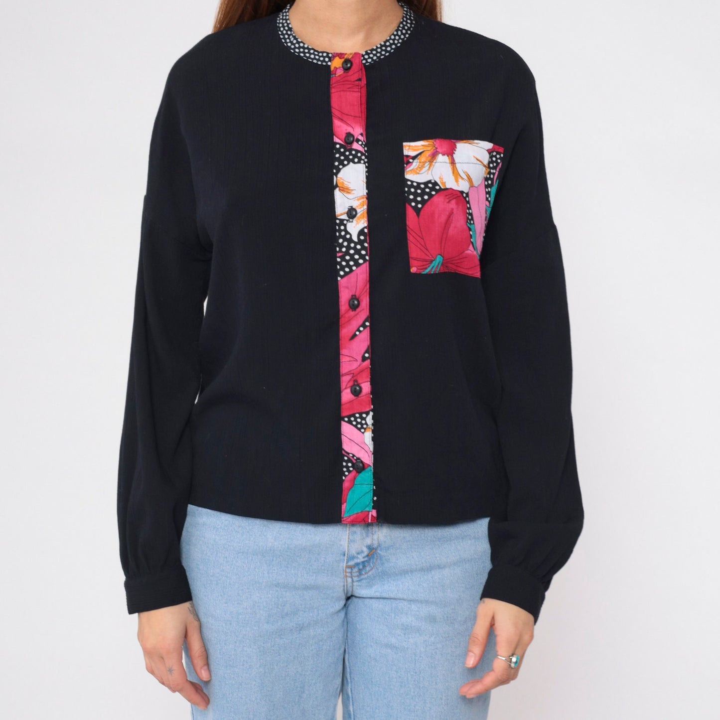 90s Black Floral Polka Dot Button Up Blouse Long Sleeve Shirt Medium M