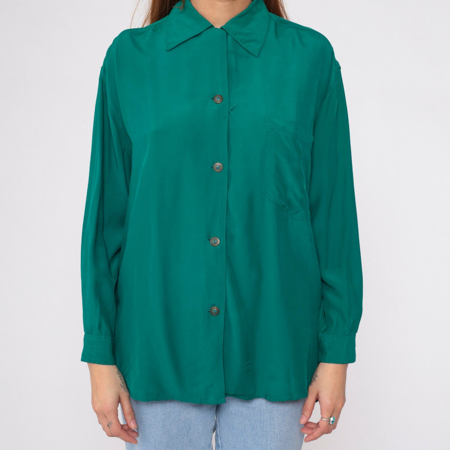 90s Paul Duffier Green Button-Up Blouse Long Sleeve Collared Small