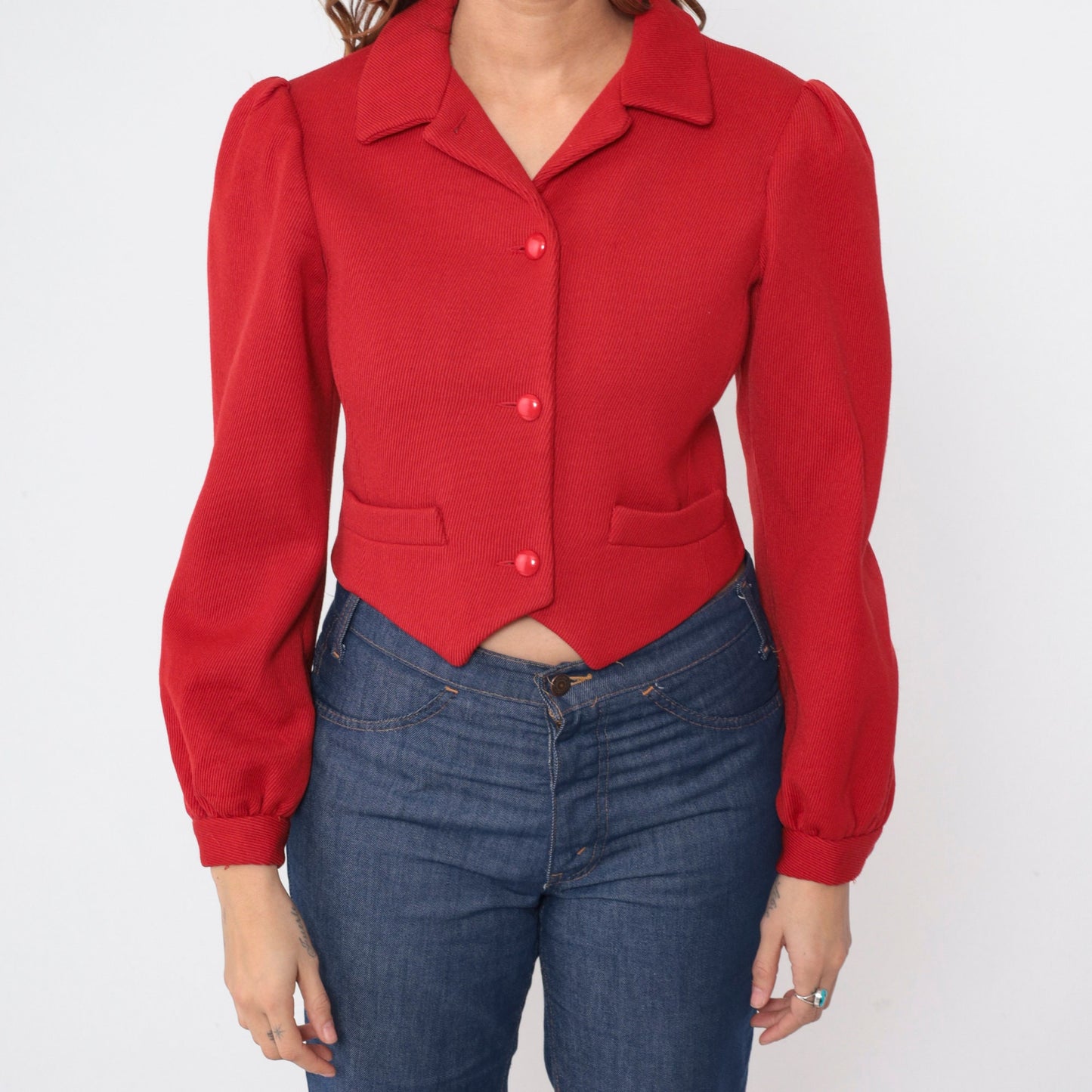 70s Red Corduroy Puff Sleeve Blouse Notched Hem Crop Top Small
