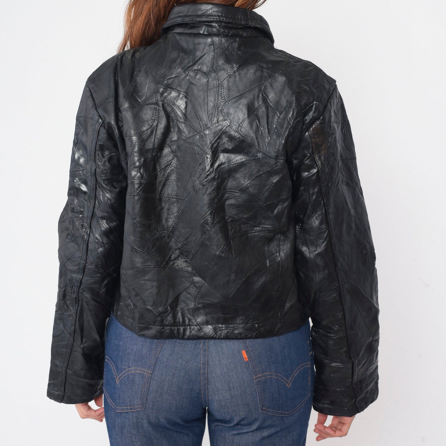 00s Black Patchwork Leather Moto Jacket Italian Stone Design Medium