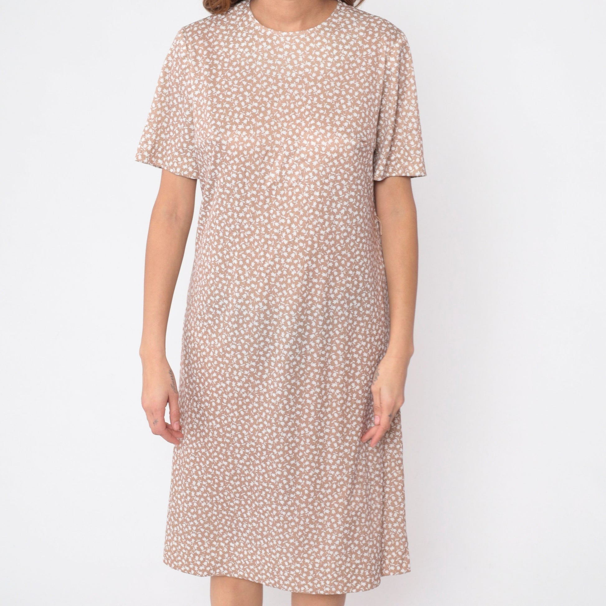 70s Tulip Floral Midi Dress Light Brown Shift Short Sleeve Large