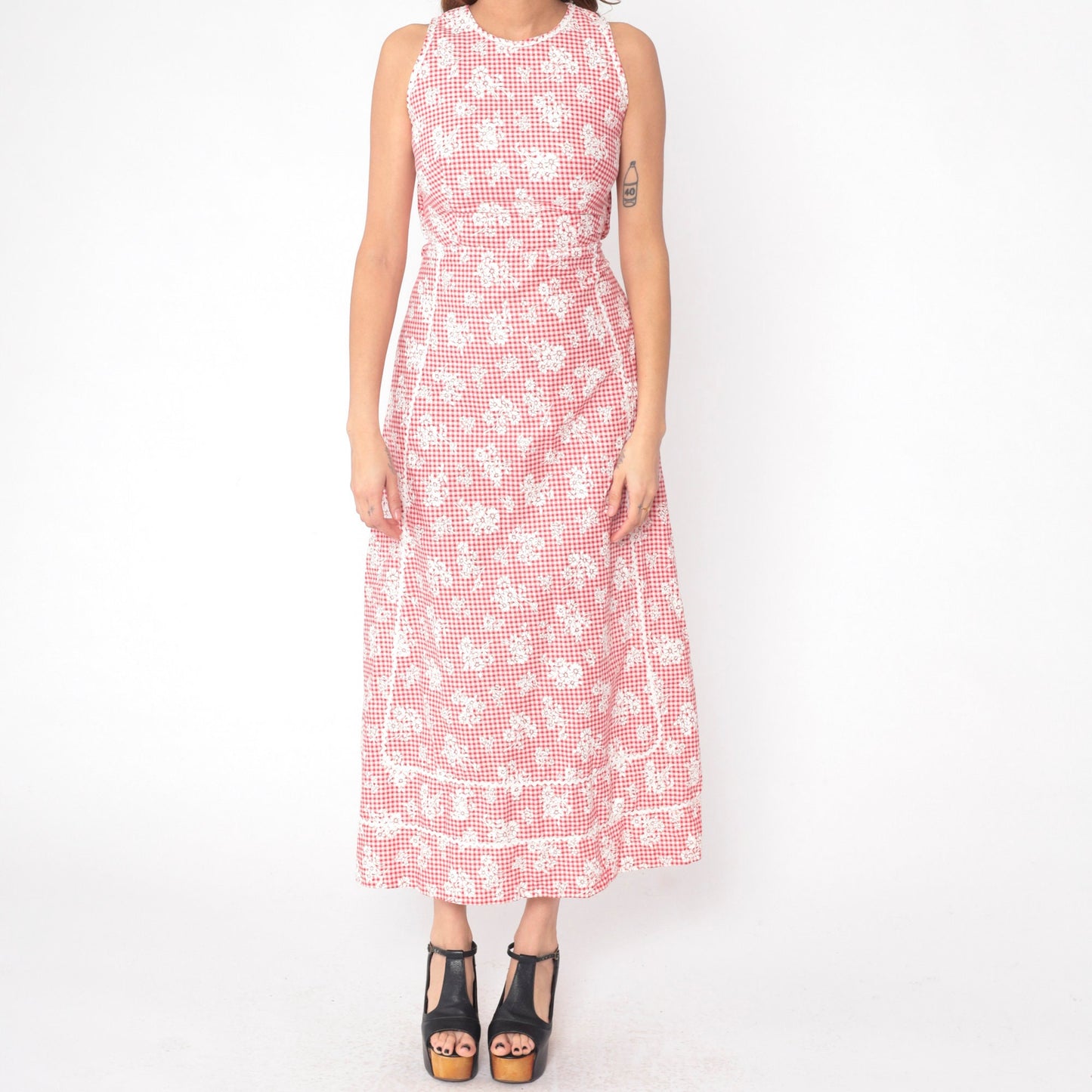 70s Gingham Floral Maxi Dress Red White Sleeveless Ric Rac Trim Extra Small