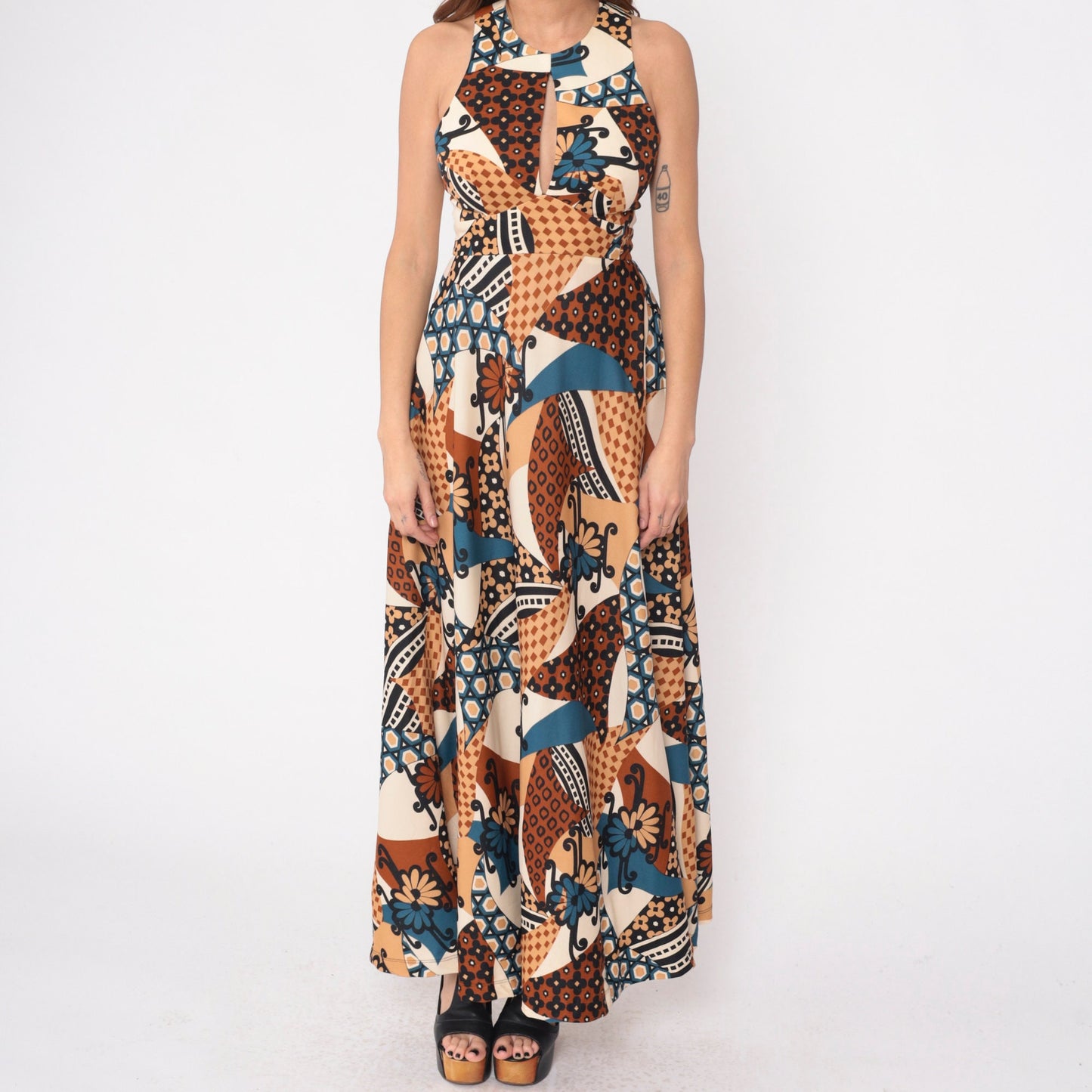 70s Abstract Floral Patchwork Maxi Dress Keyhole Racerback Sleeveless Extra Small