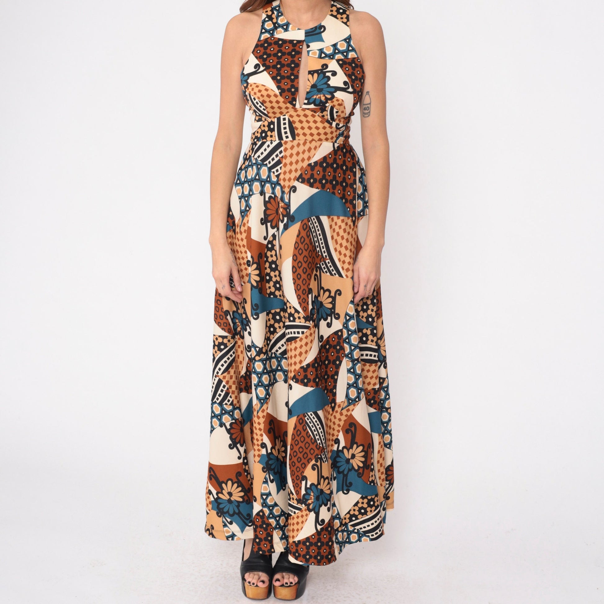 70s Abstract Floral Patchwork Maxi Dress Keyhole Racerback Sleeveless Extra Small