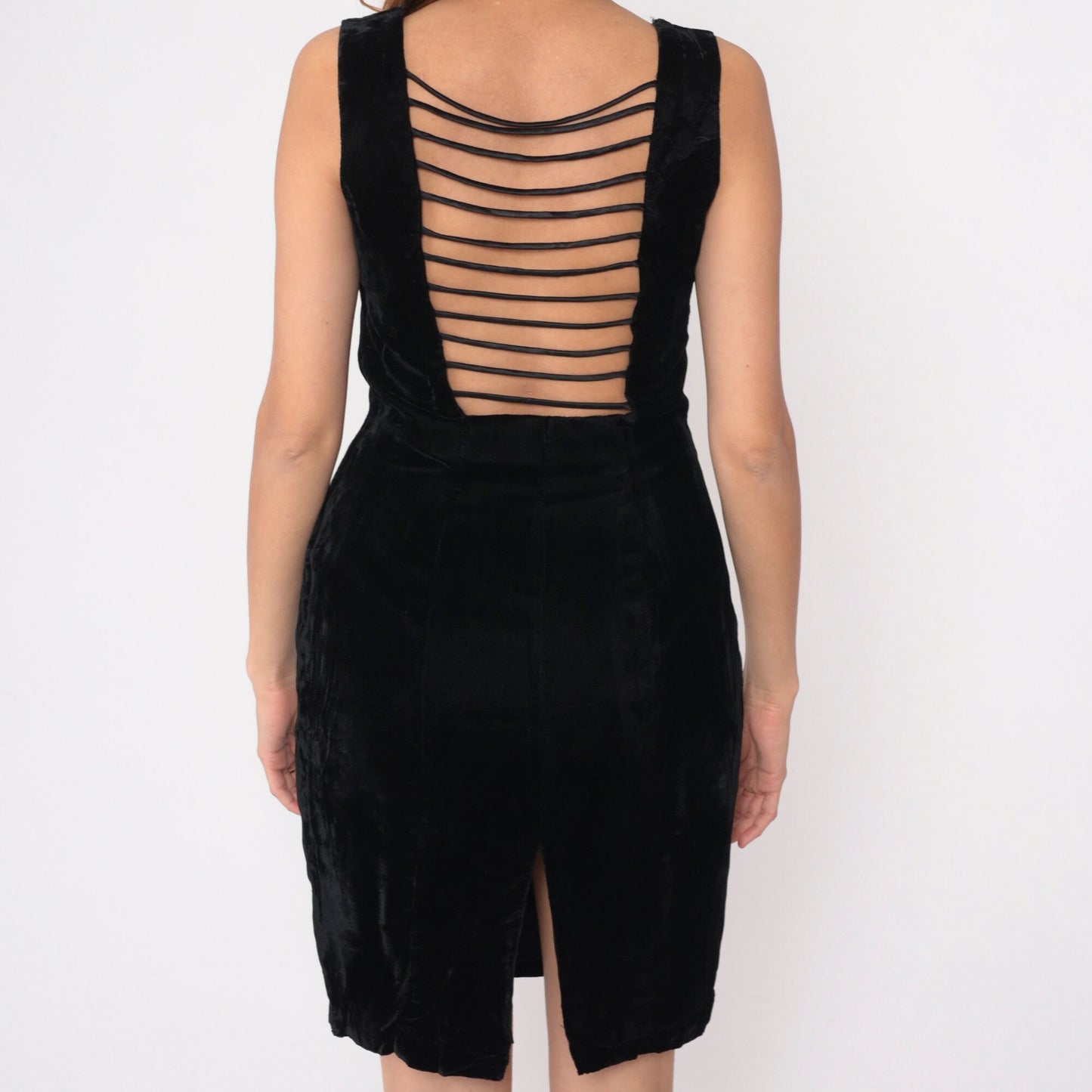 90s Black Velvet Mini Dress Square Neckline Strappy Open Back Medium