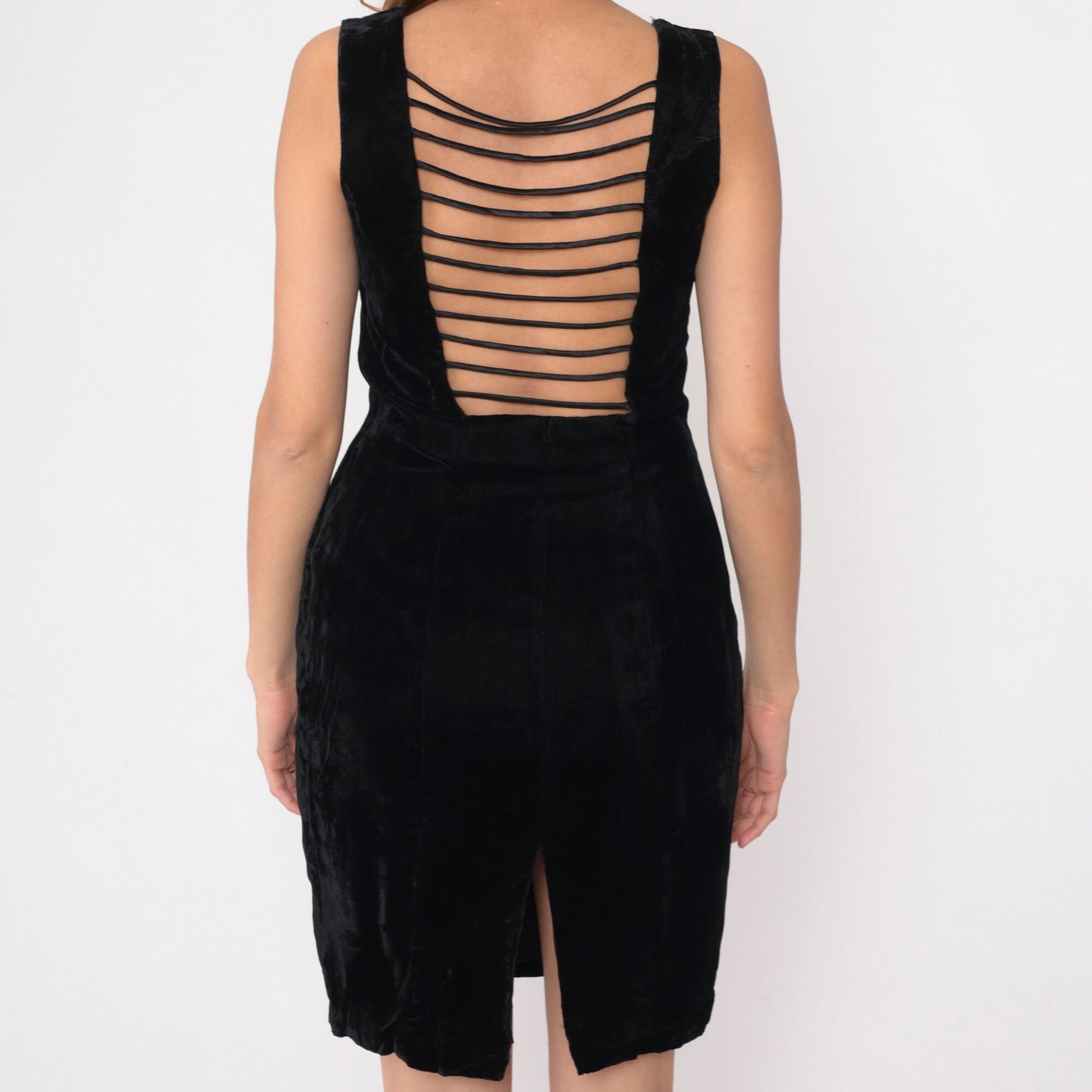 90s Black Velvet Mini Dress Square Neckline Strappy Open Back Medium