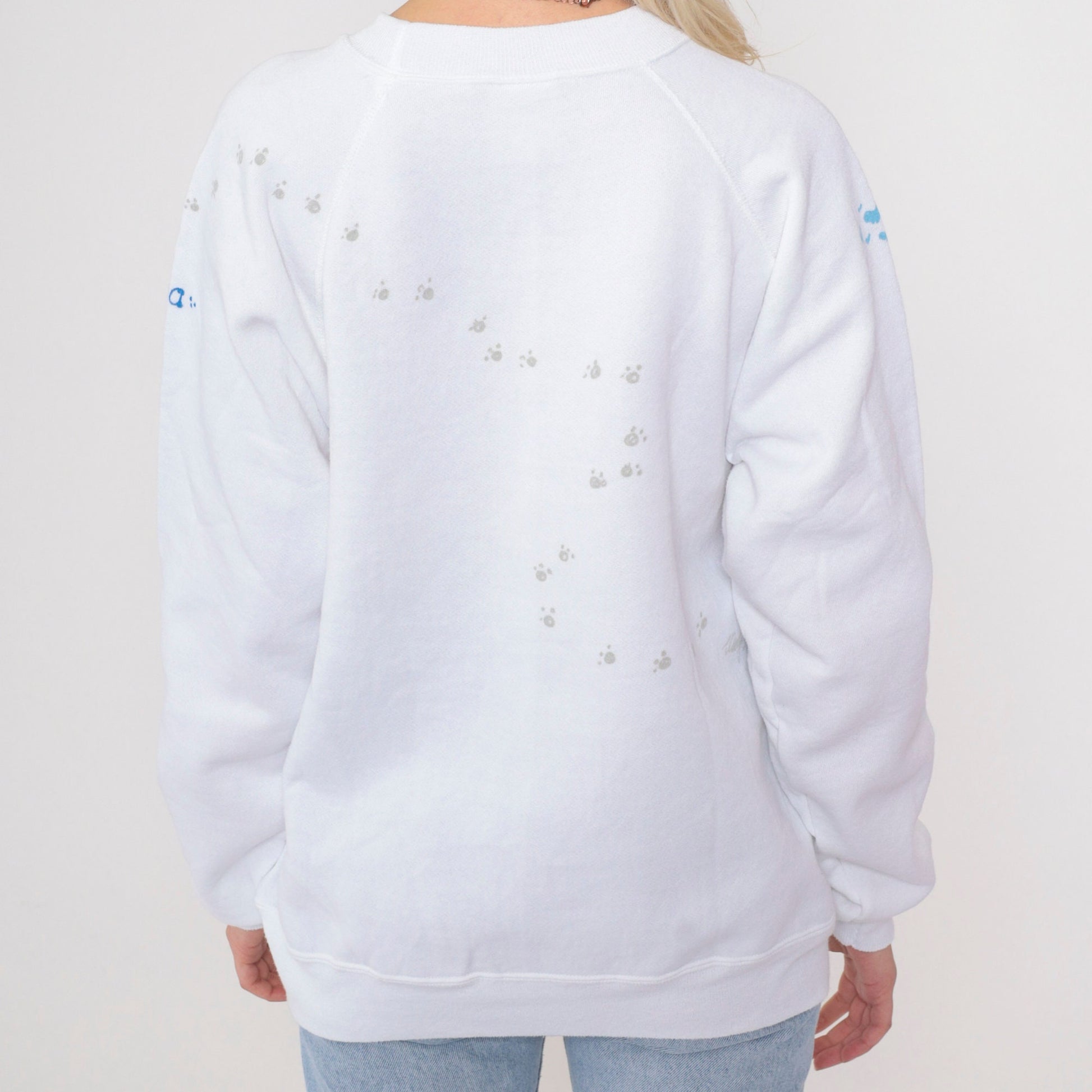 90s Hand Painted Cat Sweatshirt Lisa White Raglan Crewneck Medium