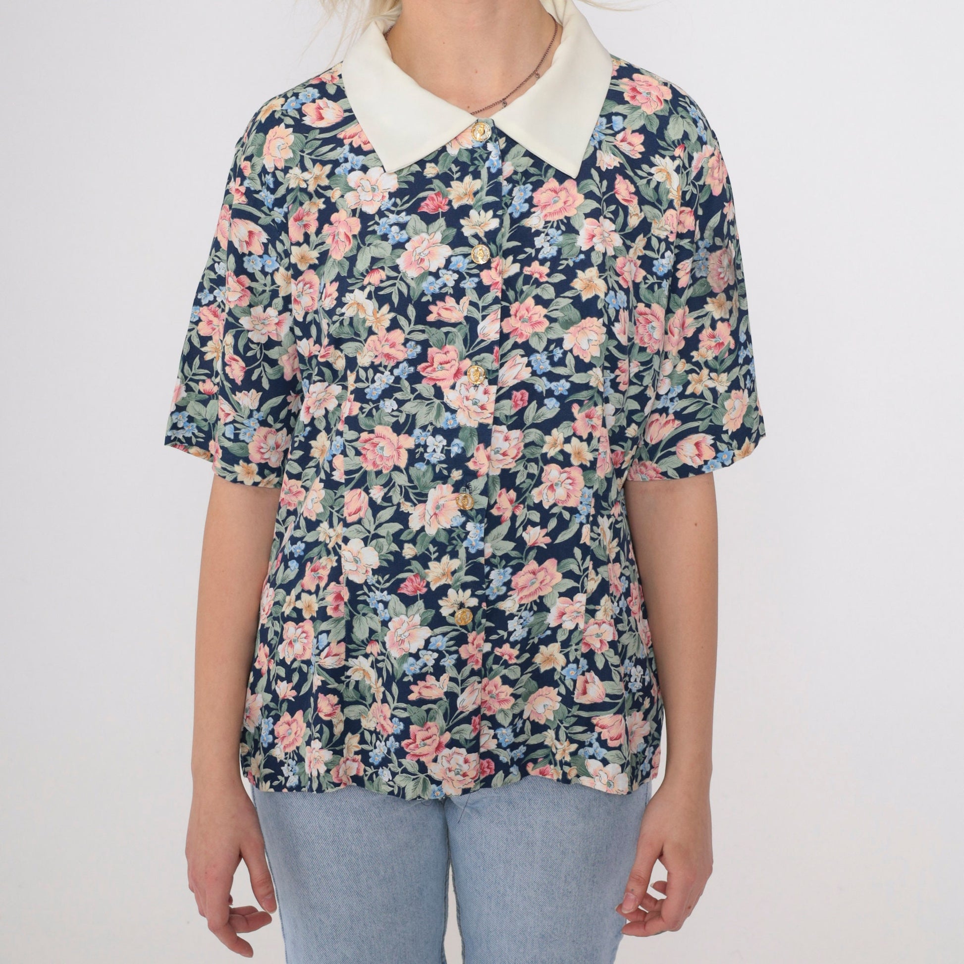 90s Dark Blue Floral Button Up Blouse White Collar Gold Buttons Small