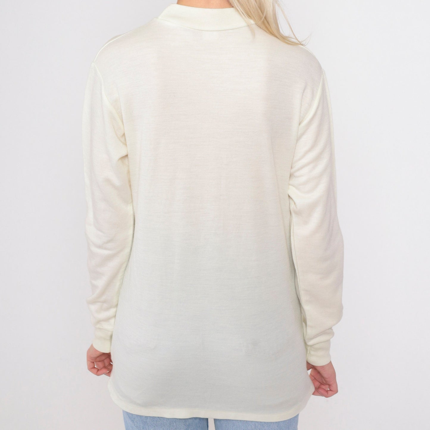 80s Mock Neck Shirt Cream Diamond Pocket Long Sleeve Top Small