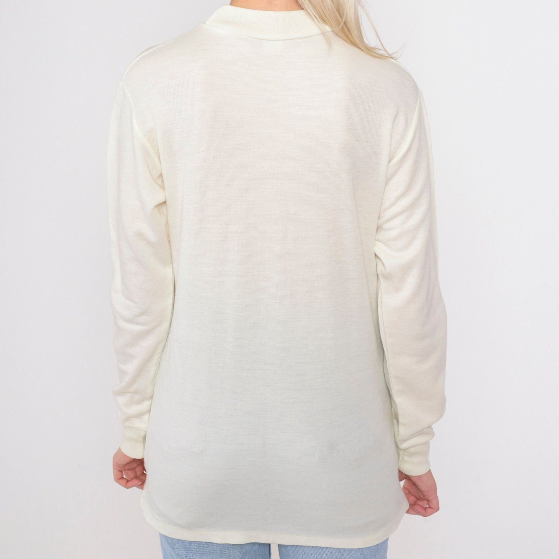 80s Mock Neck Shirt Cream Diamond Pocket Long Sleeve Top Small
