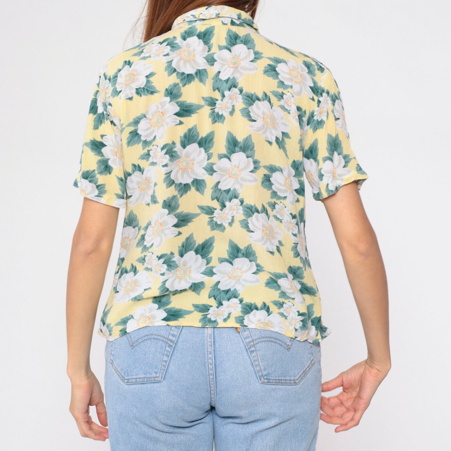90s Yellow Floral Button-Up Blouse Short Sleeve Collared Shirt Medium M