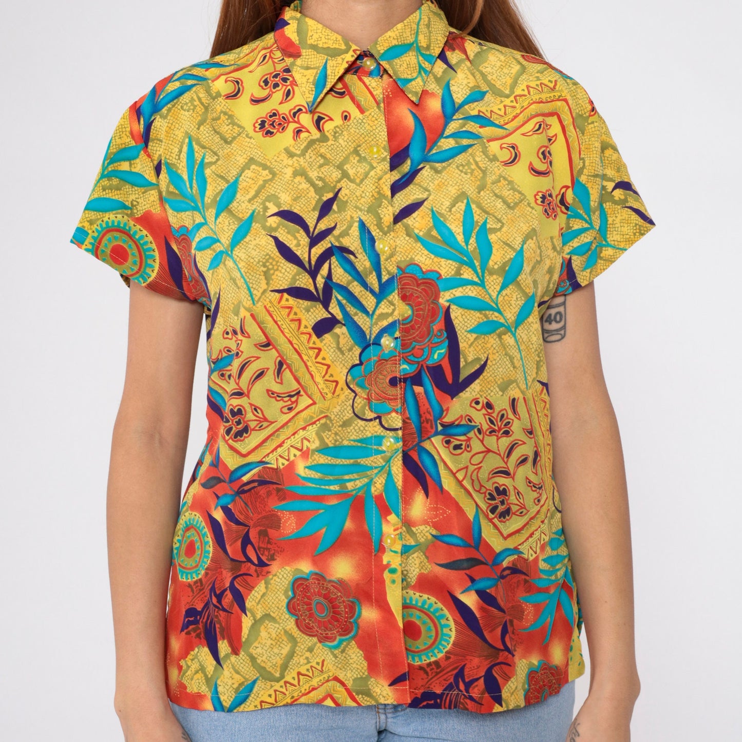 90s Mixed Print Button-Up Blouse Floral Snakeskin Mandala Yellow Orange Medium